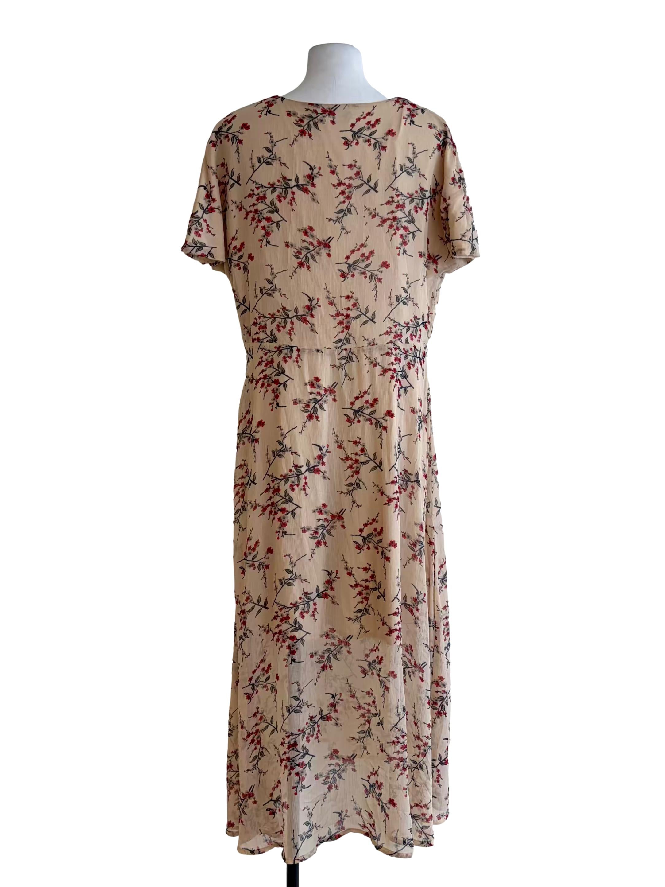 Nude Beige Floral Mesh Print V-Neck Flare Sleeve Dress