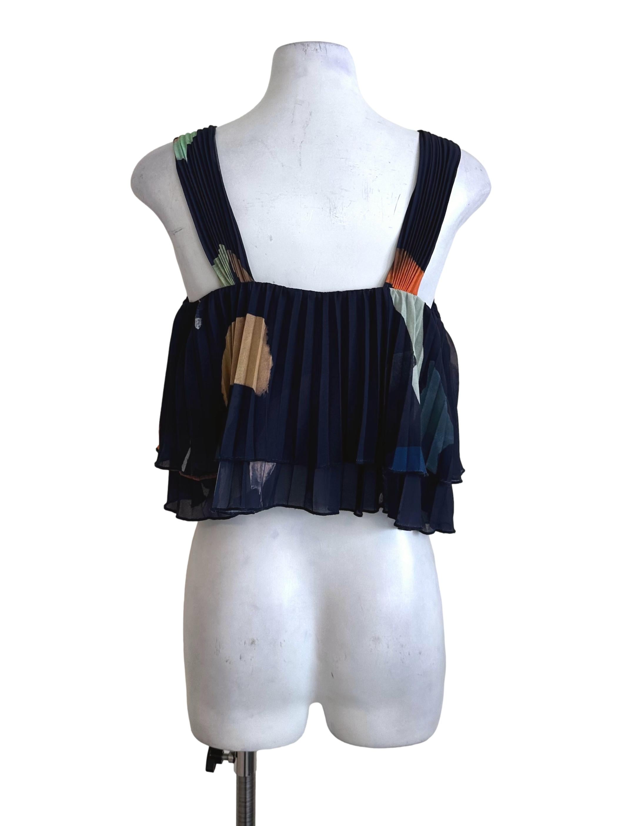 Navy Blue Pleated Pattern Babydoll Top LB