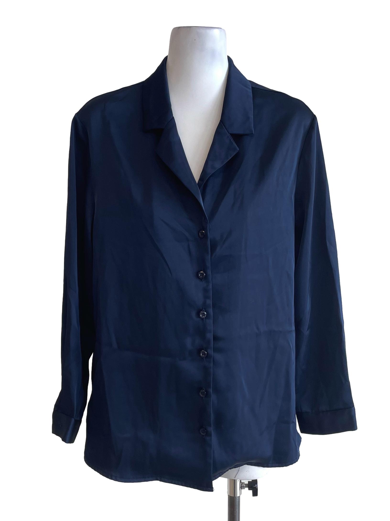Navy Blue Silky Button Up Shirt YHF