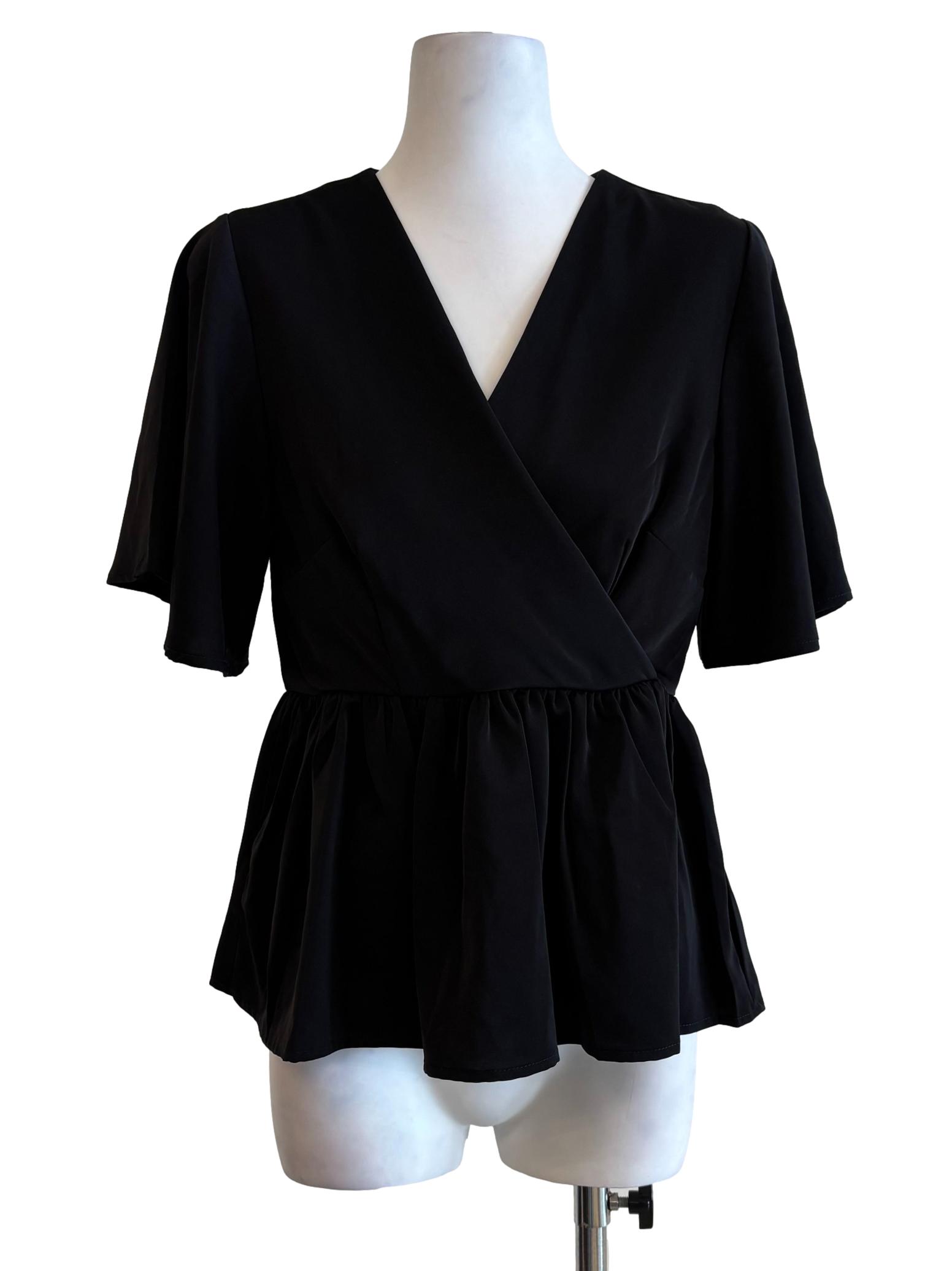 Rich Black Surplice Peplum Blouse
