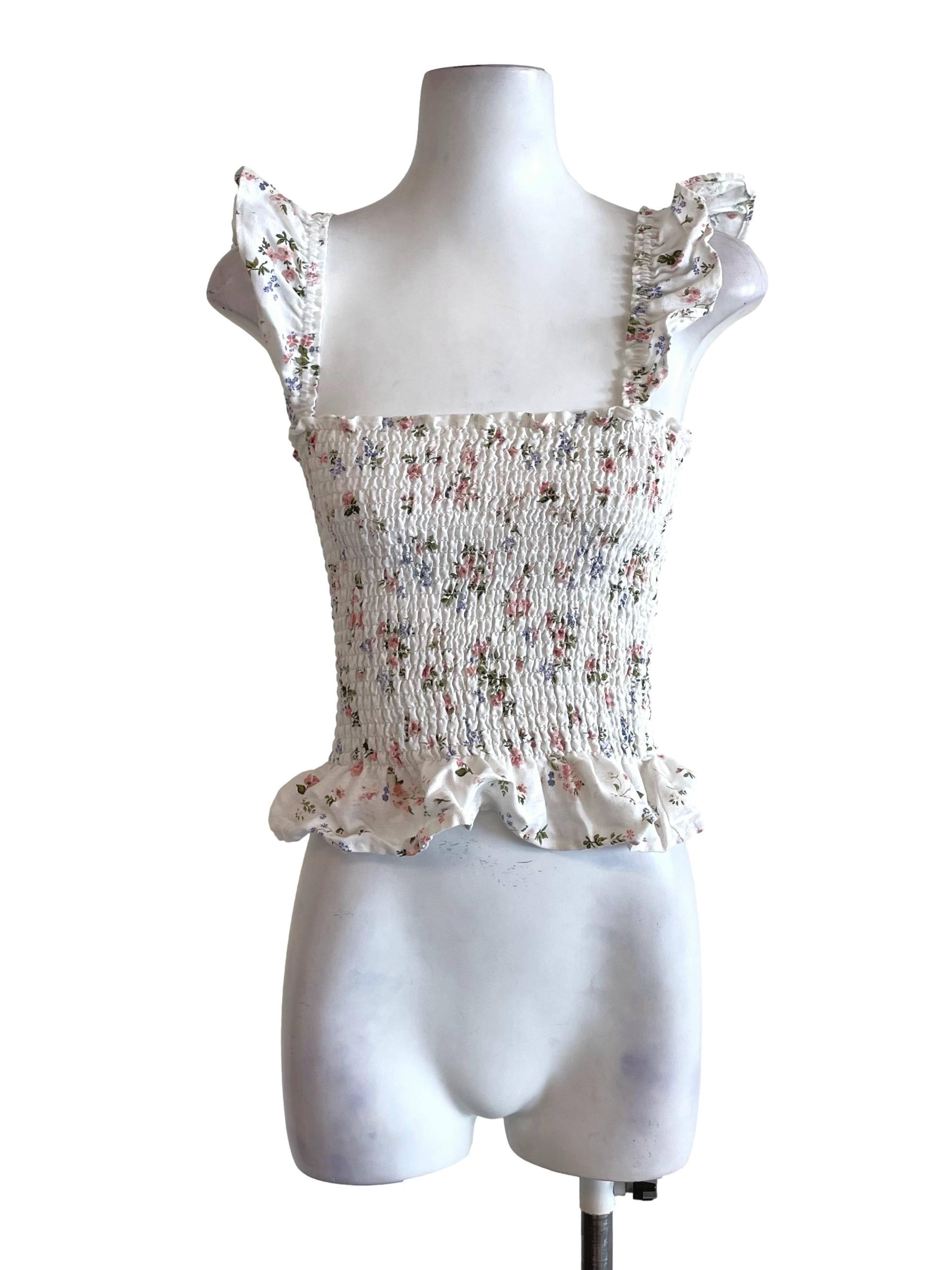 White Floral Shirred Ruffle Top