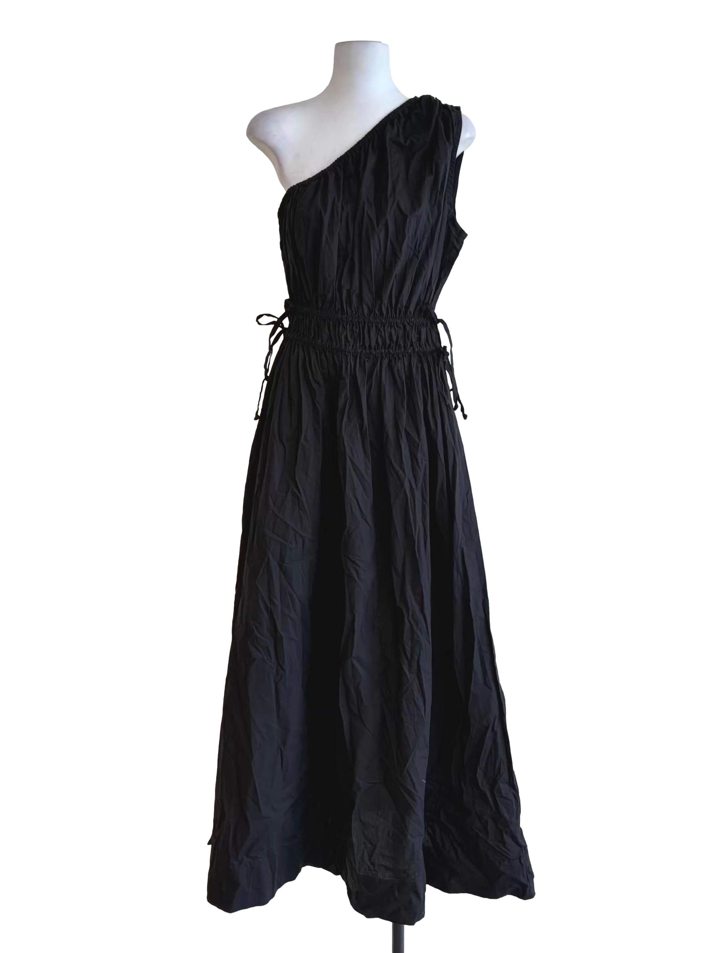 Ebony Black Asymmetric Ruched Waist Sleeveless Dress
