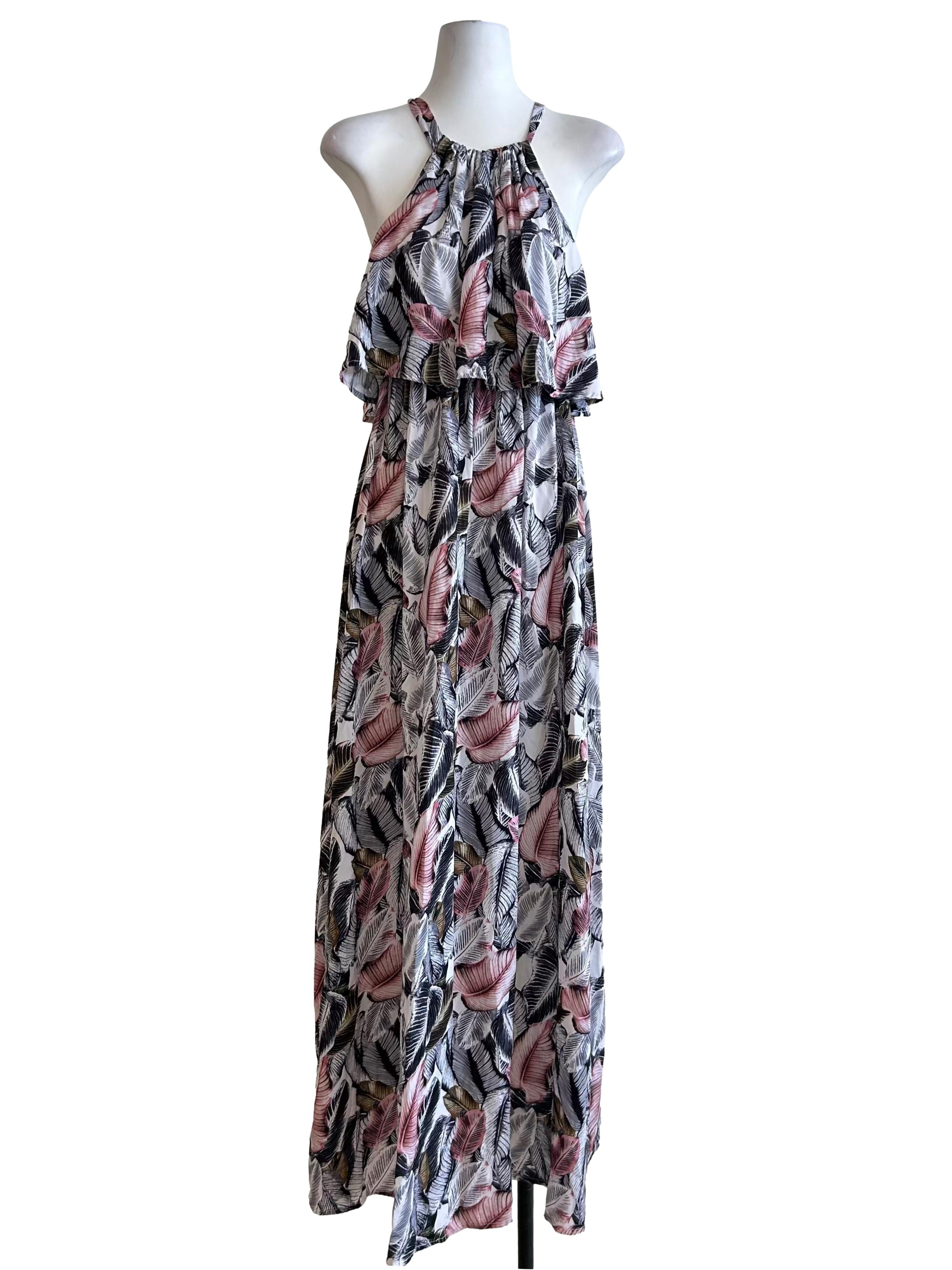 Tropical Leaf Ruffle Halter Maxi Dress