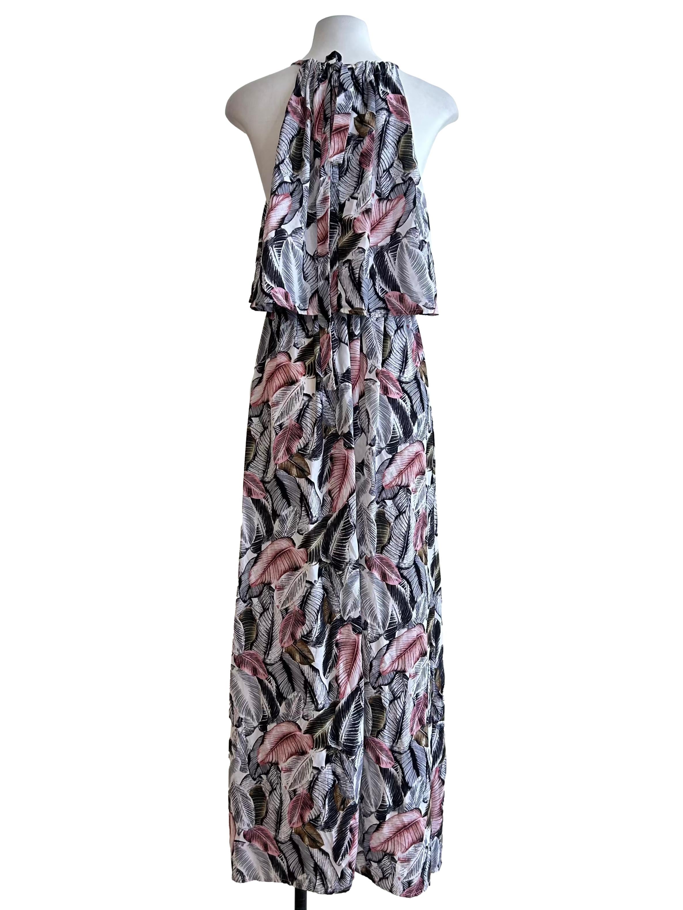Tropical Leaf Ruffle Halter Maxi Dress