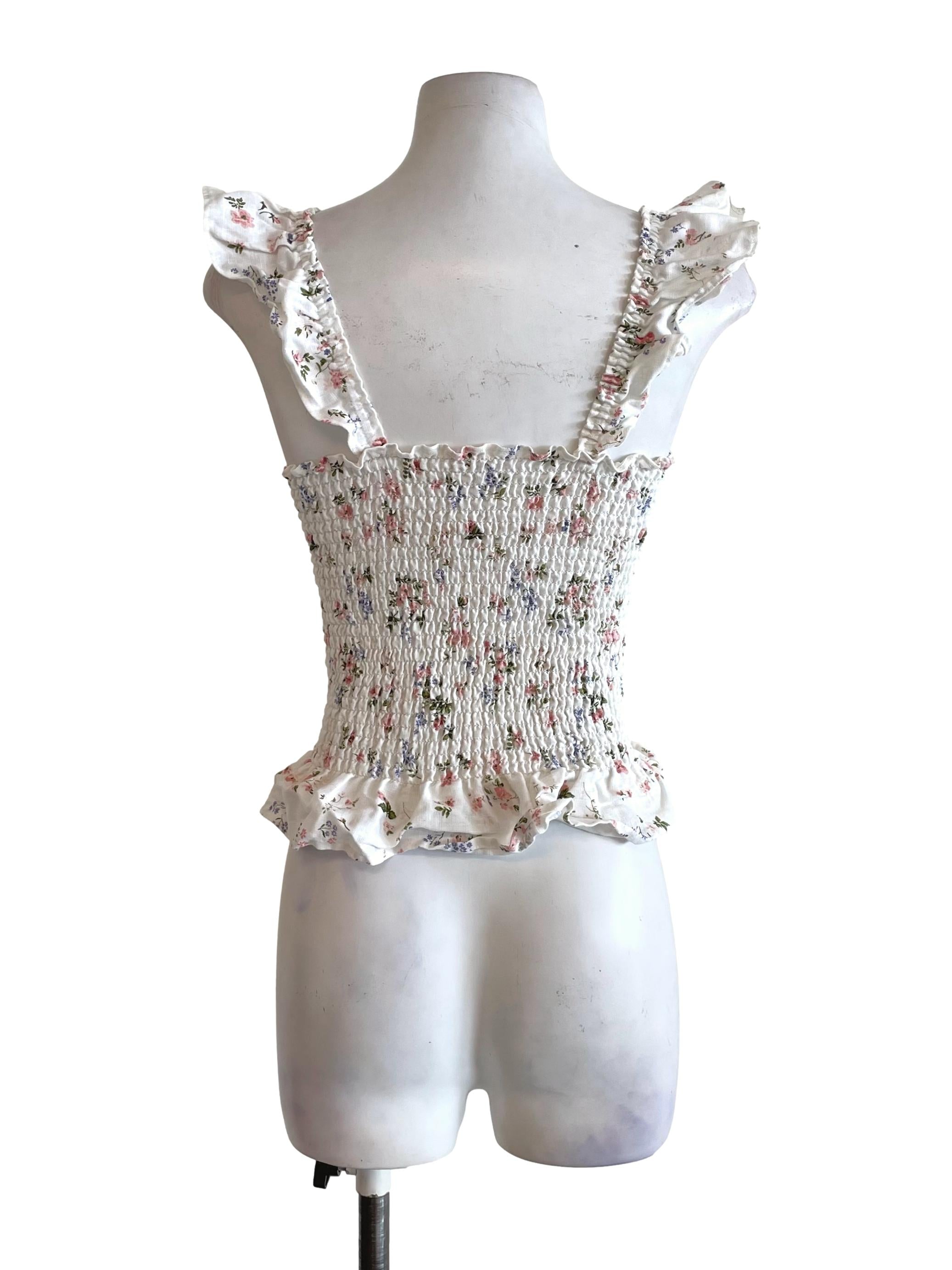 White Floral Shirred Ruffle Top