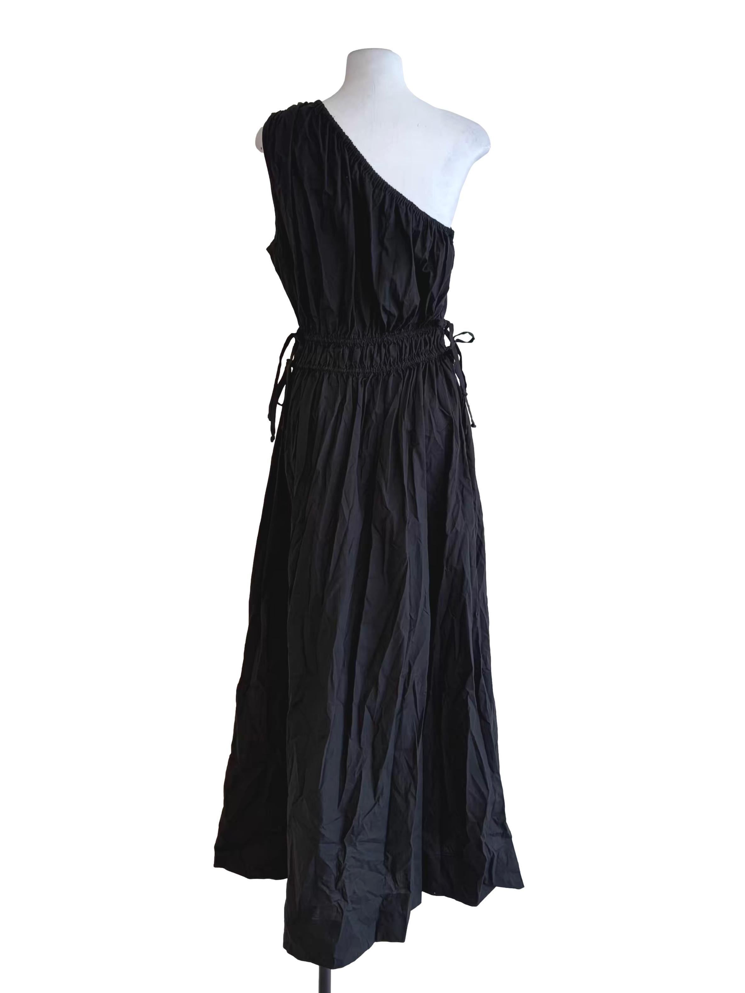 Ebony Black Asymmetric Ruched Waist Sleeveless Dress