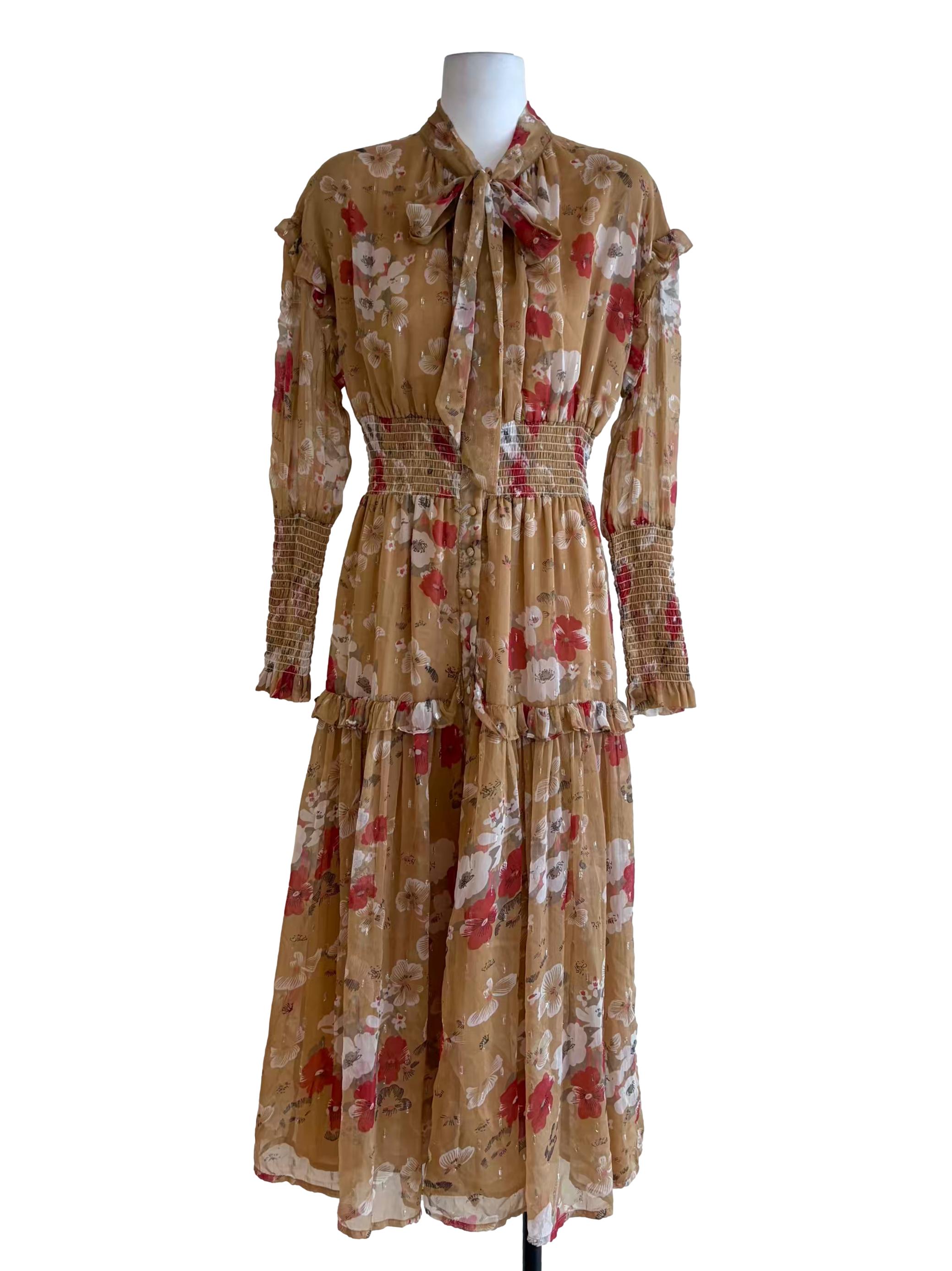 Flaxen Yellow Mesh Floral Print Button Down Long Sleeve Dress