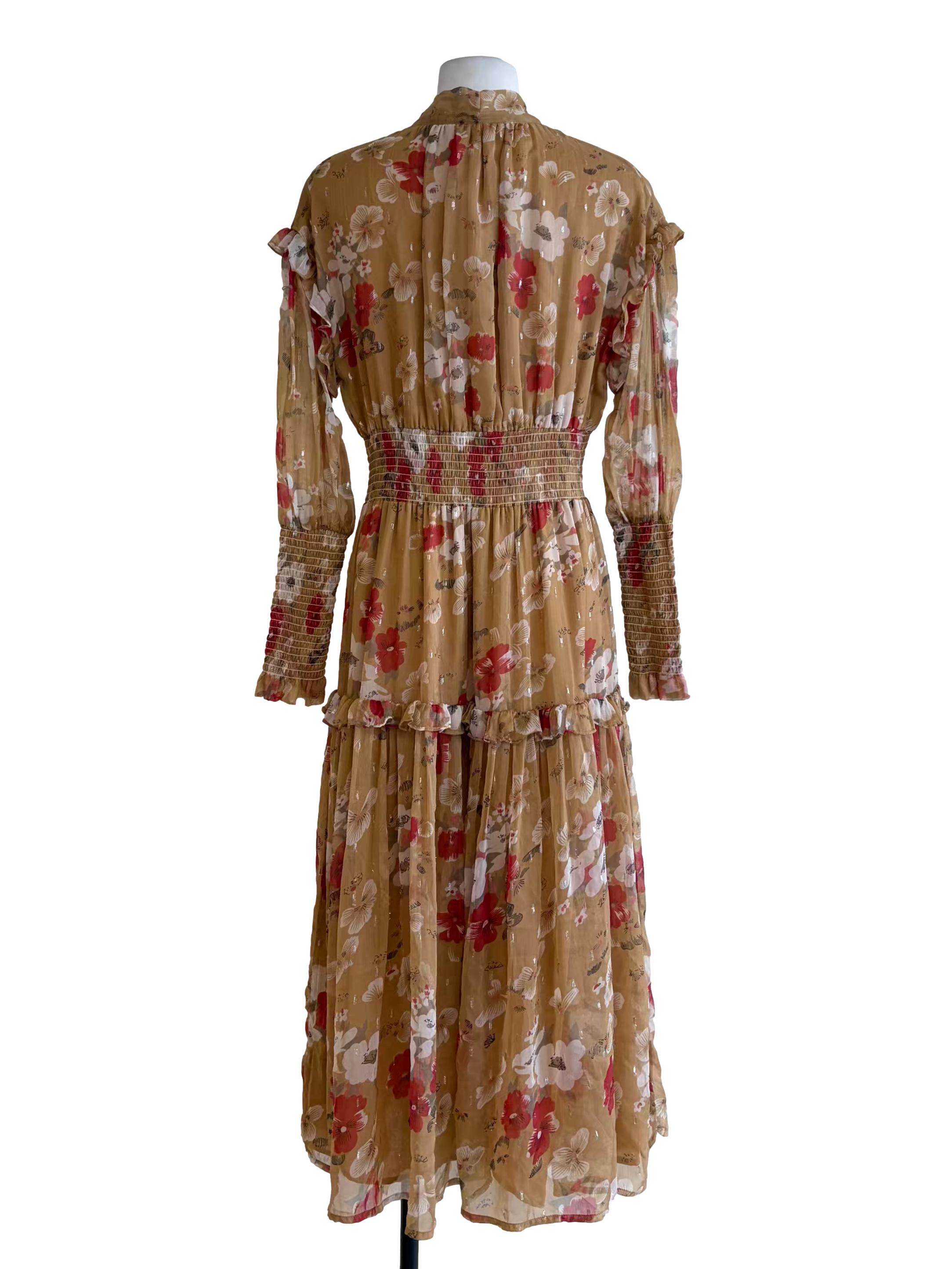 Flaxen Yellow Mesh Floral Print Button Down Long Sleeve Dress