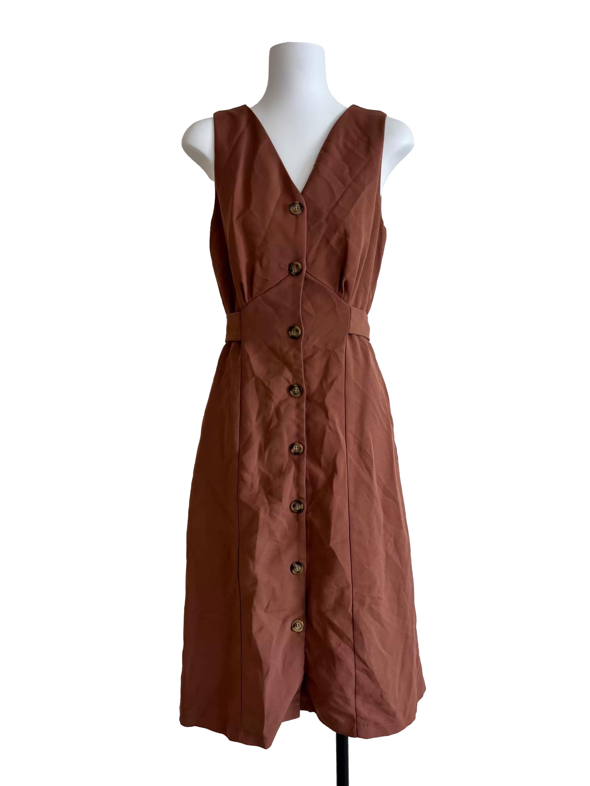 Tawny Brown Buttoned A-Line Dress