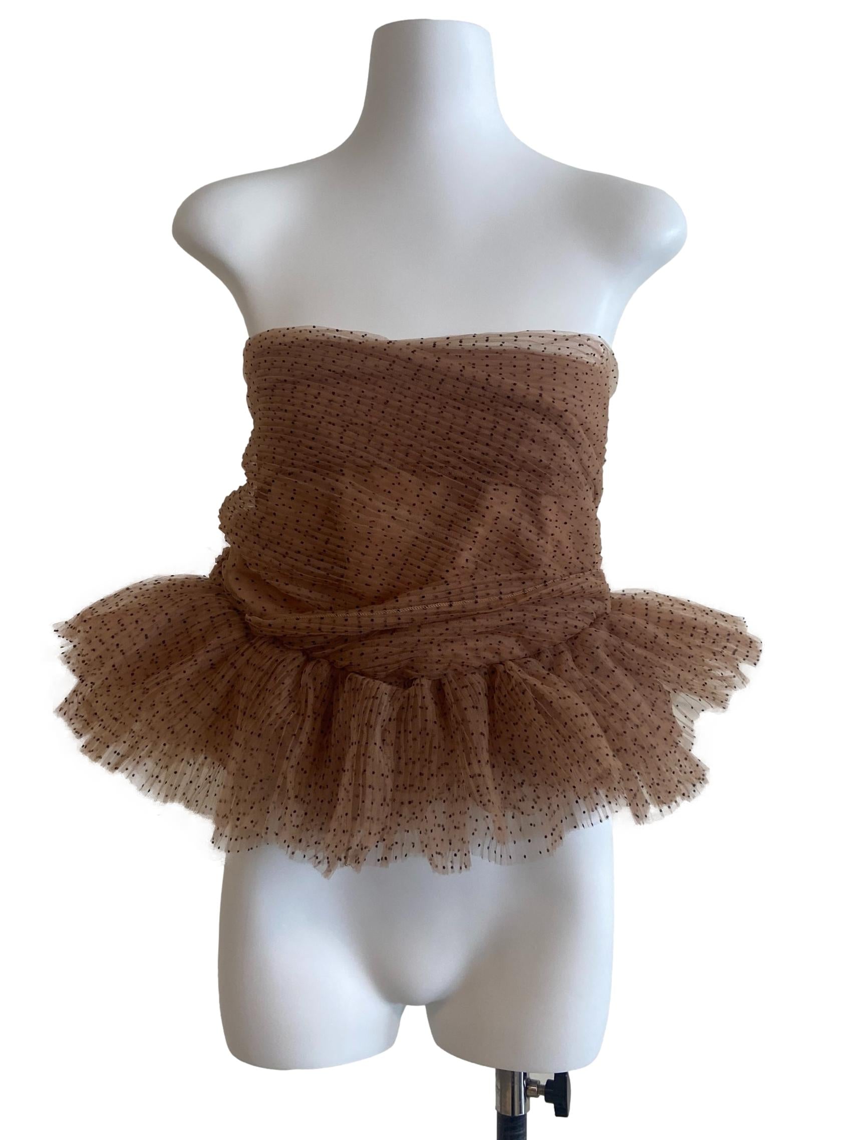 Brown & Black Dot Ruffled Strapless Top