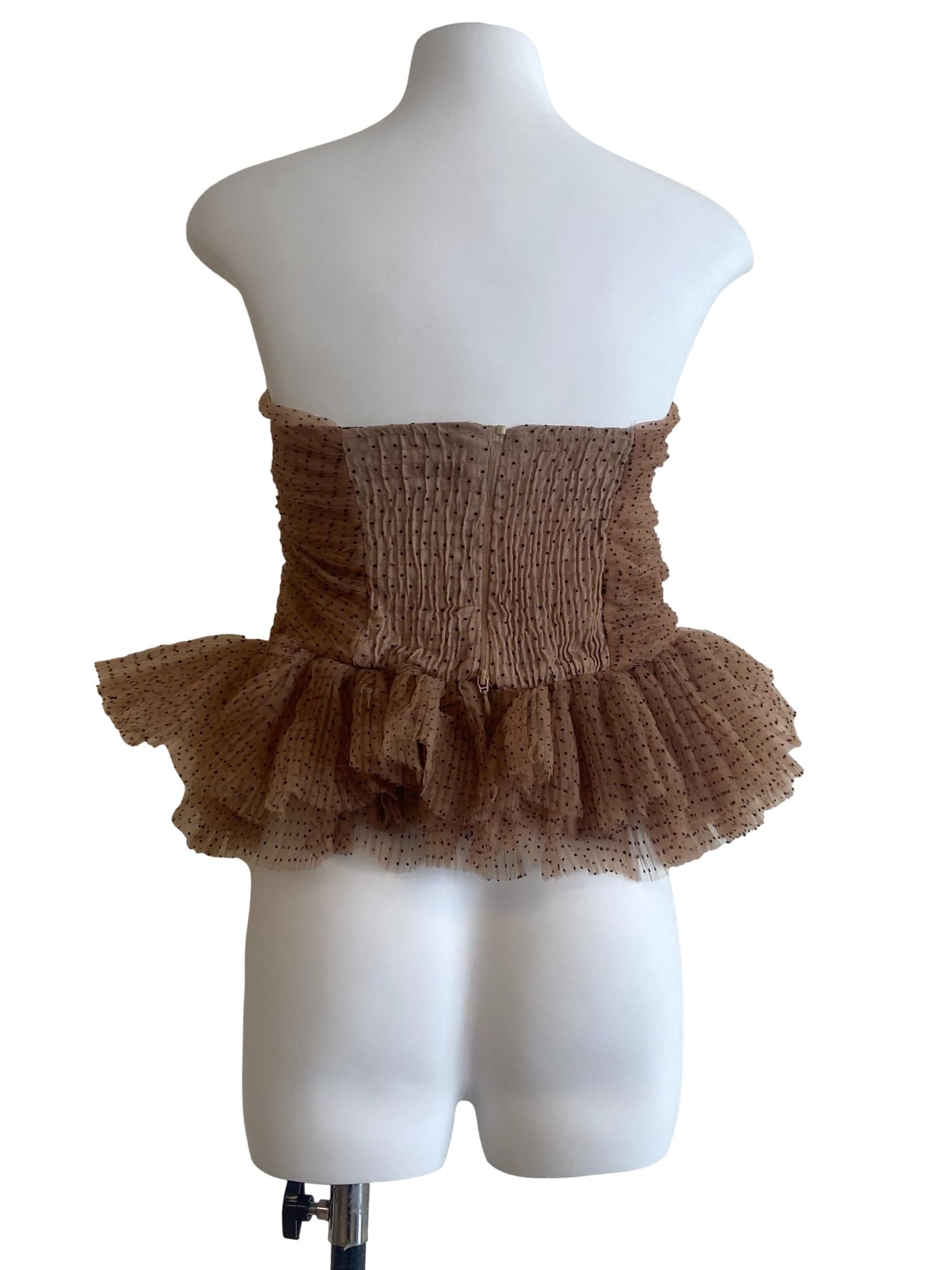Brown & Black Dot Ruffled Strapless Top