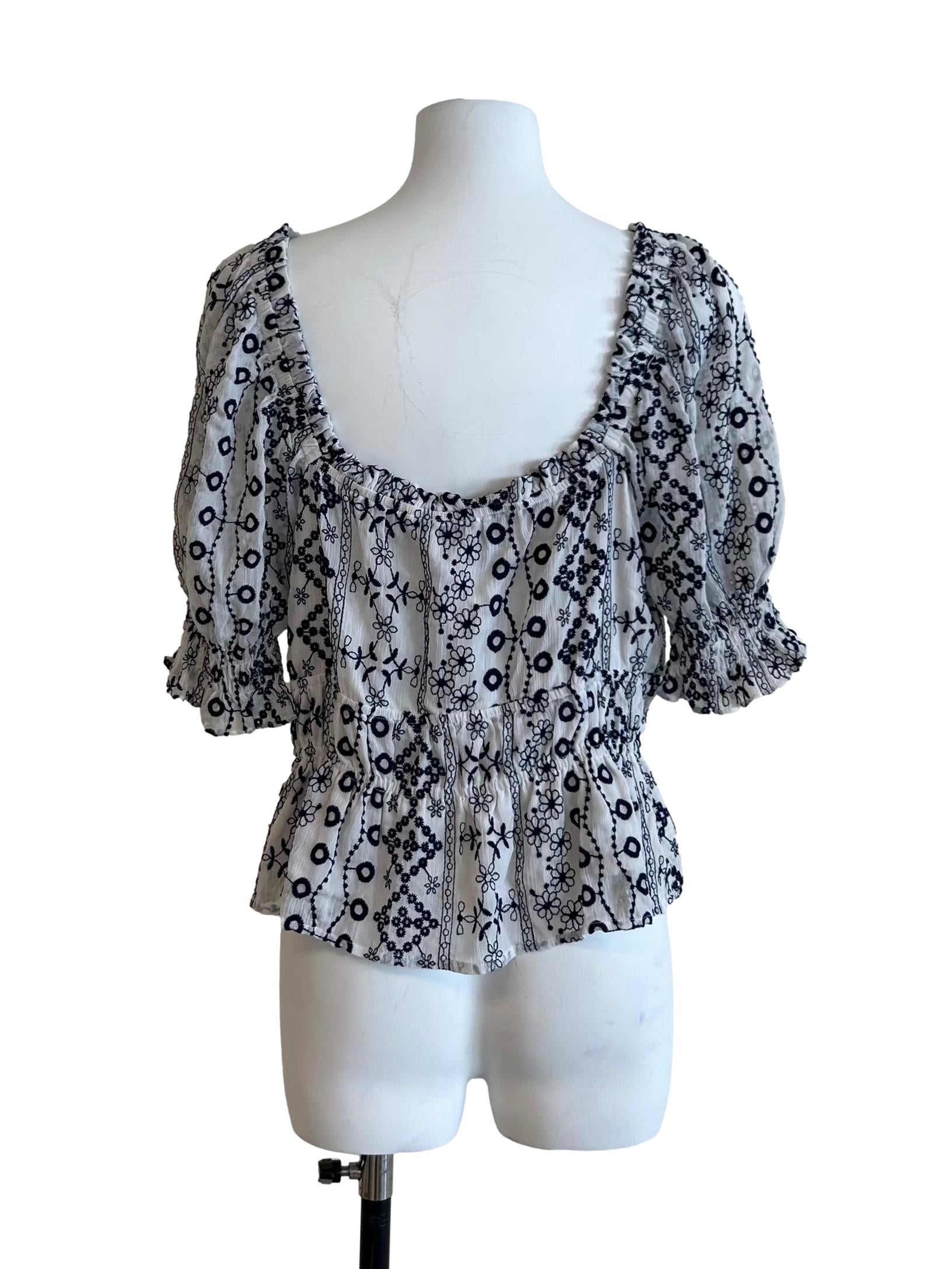 White And Dark Blue Embroidered Top