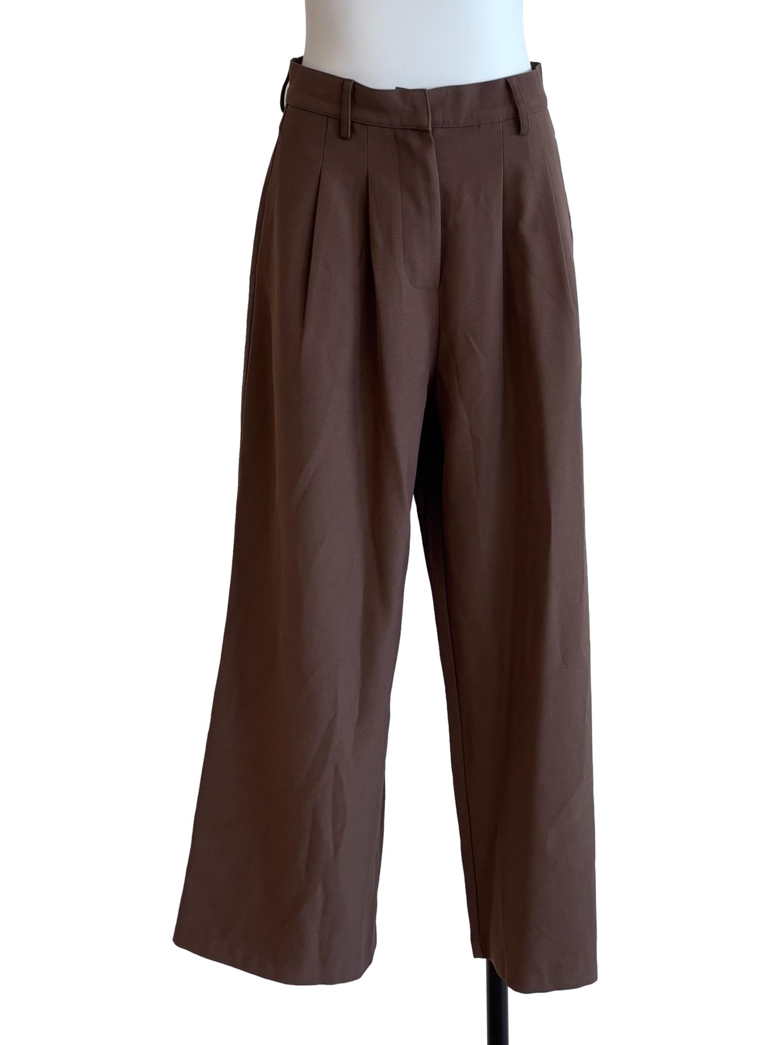 Brown Pleated Straight Trousers