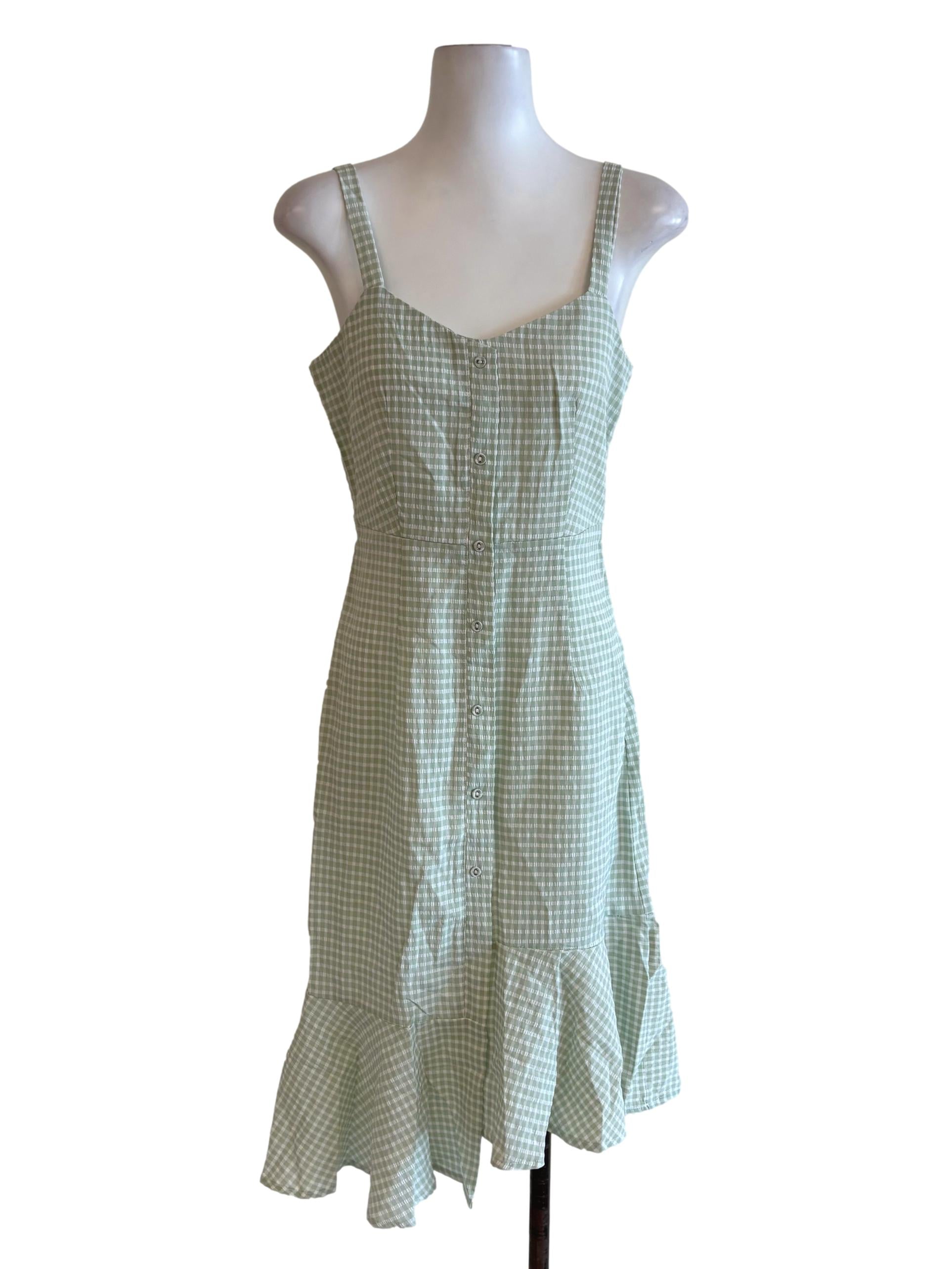 Green Gingham Asymmetrical Flounce Dress