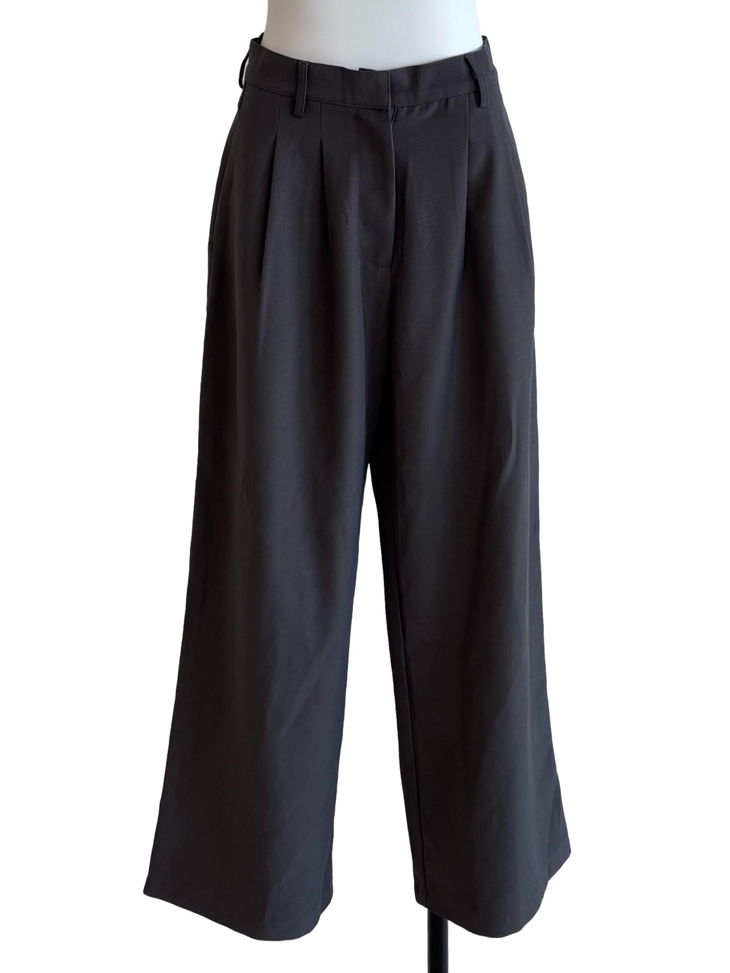 Grey Pleated Straight Trousers
