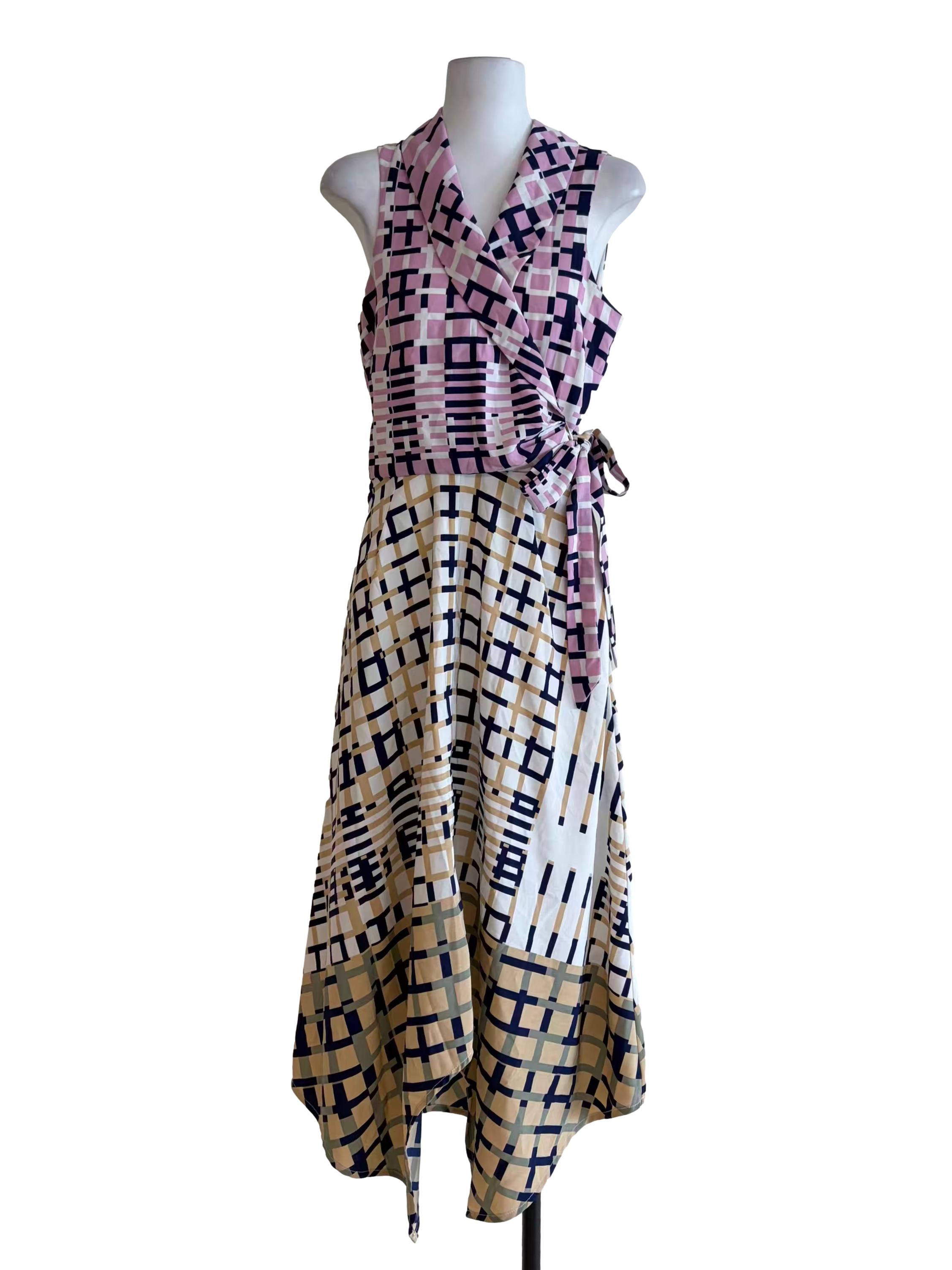Porcelain White Colourful Boxed Abstract Print Sleeveless Apron Dress