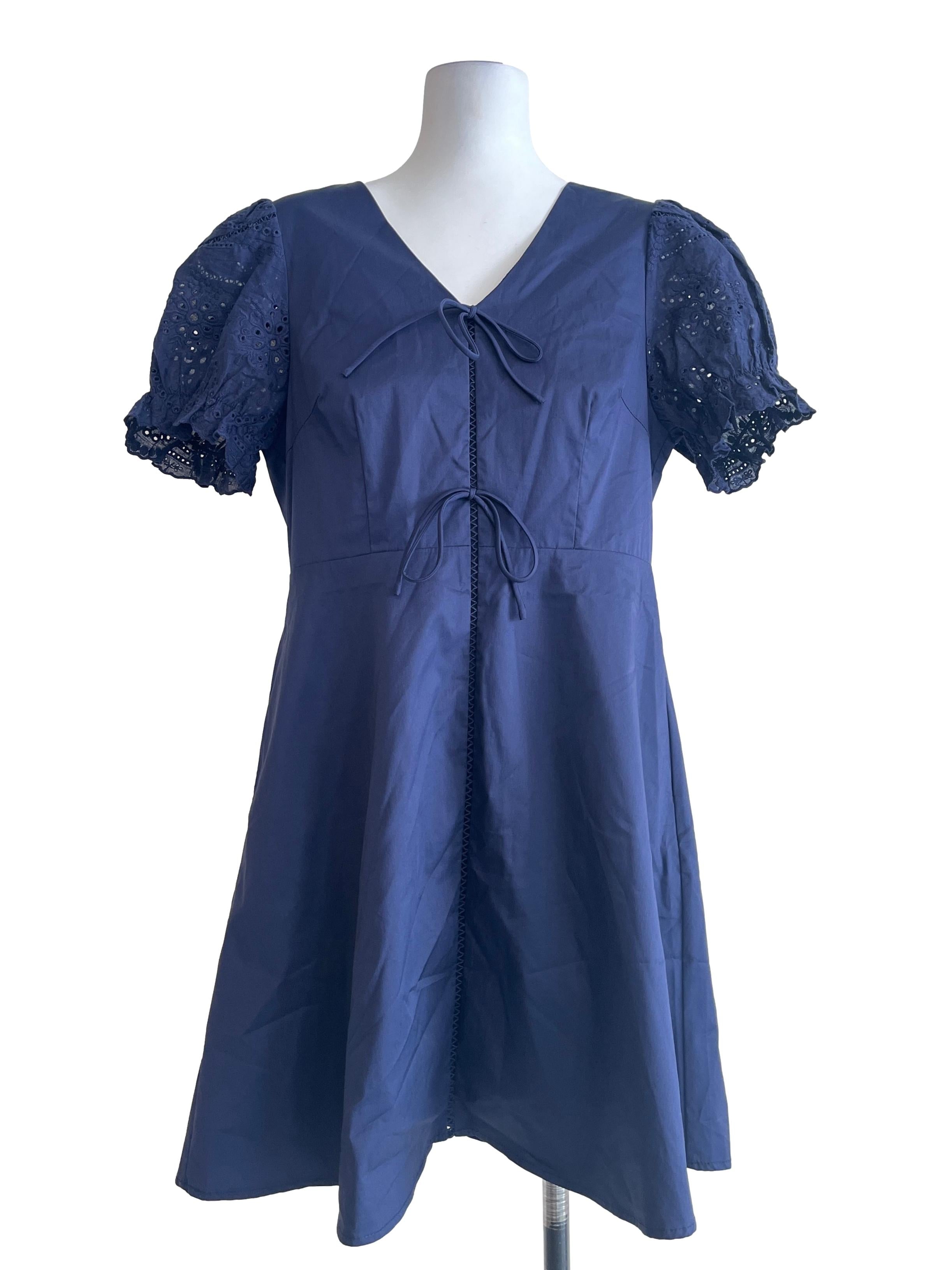 Indigo Blue V-neck Puff Sleeve A-Line Dress