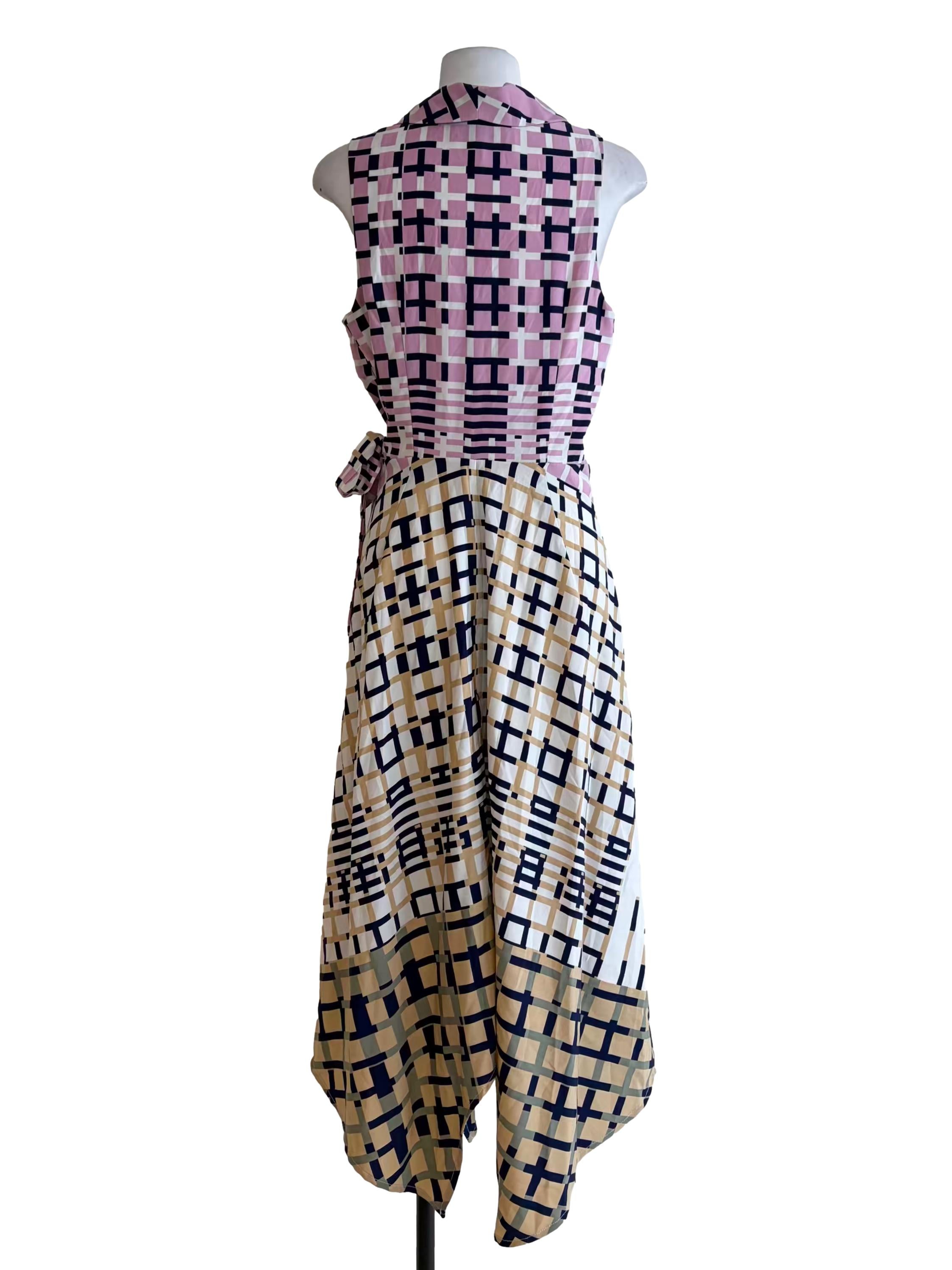 Porcelain White Colourful Boxed Abstract Print Sleeveless Apron Dress
