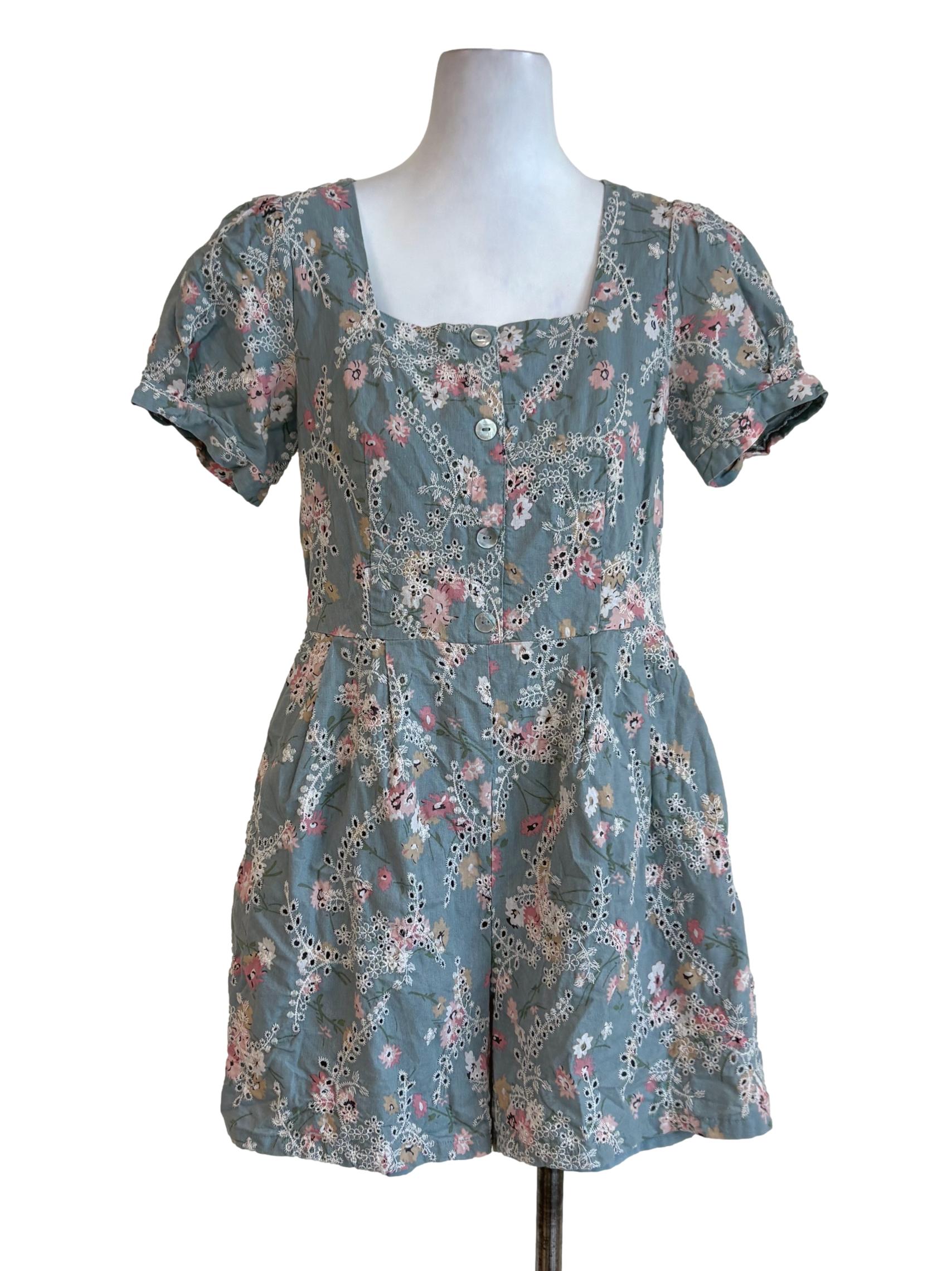 Stone Blue Floral Embroidered Eyelet Rompers