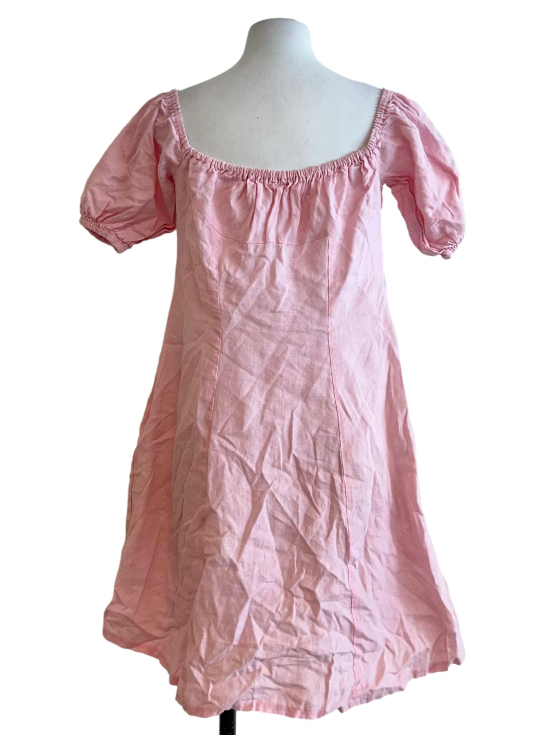 Watermelon Pink Puff Sleeve Linen Dress