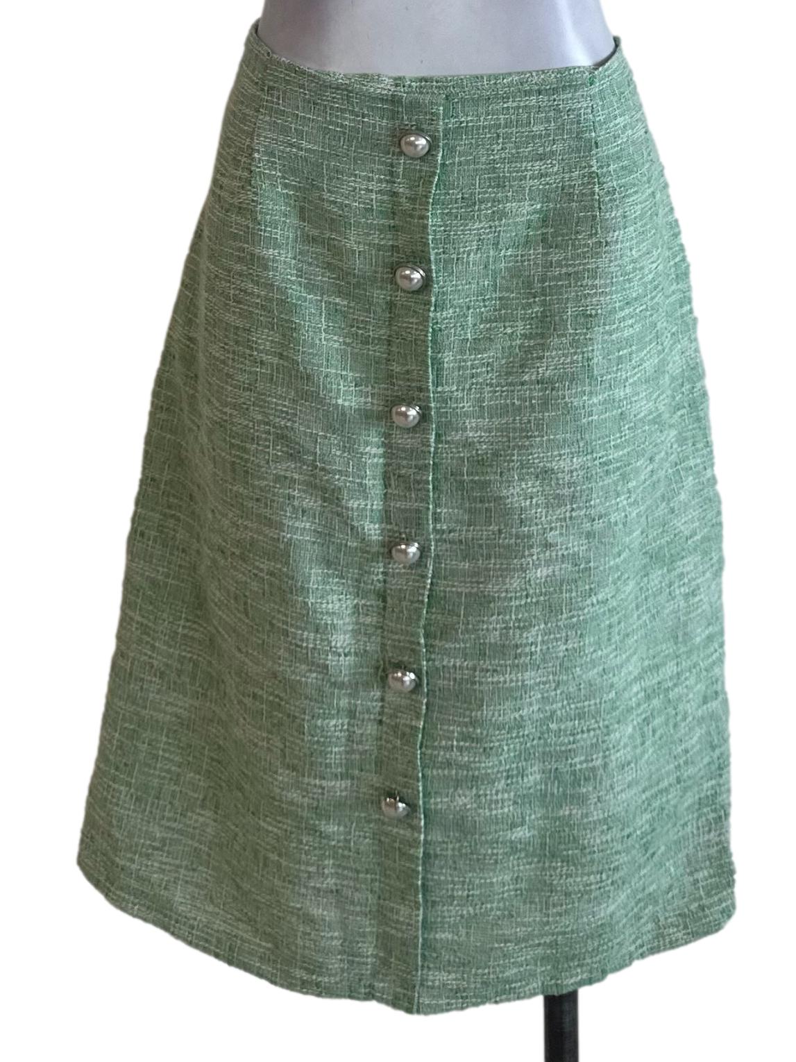 Mint Green Tweed Textured Button Skirt