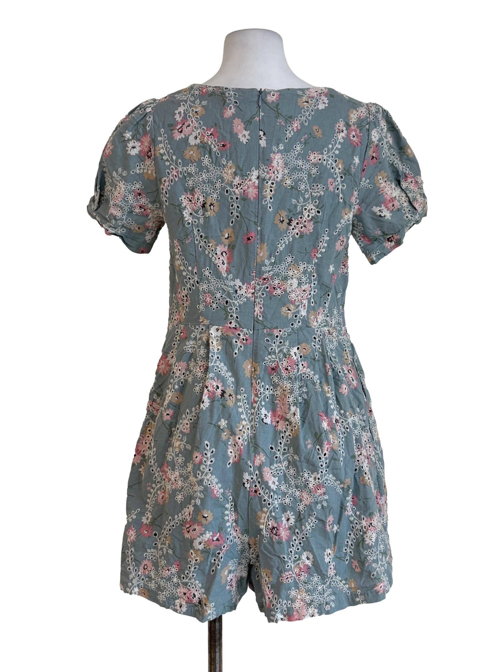 Stone Blue Floral Embroidered Eyelet Rompers