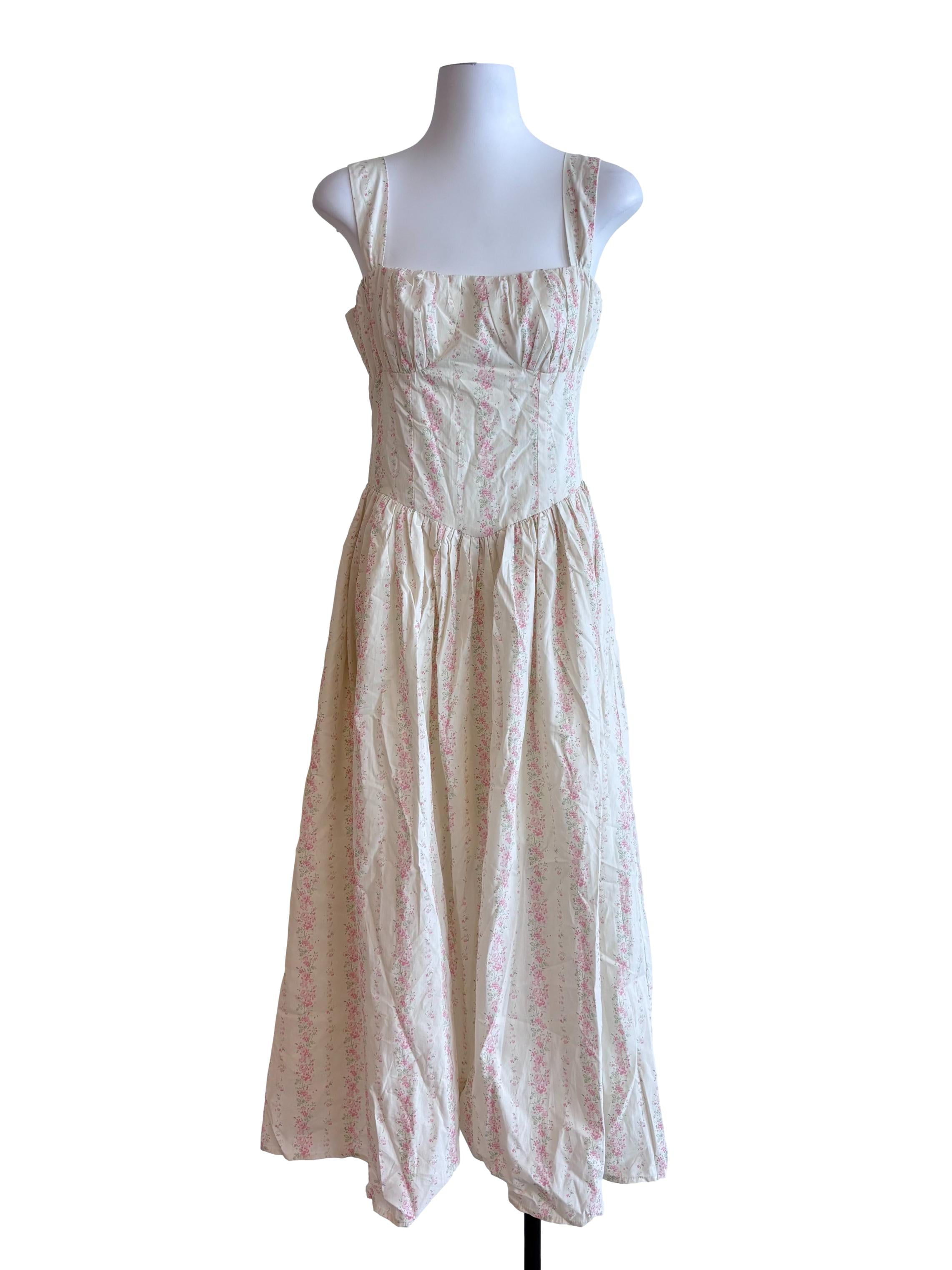 Cream And Pink Floral Bustier Dress
