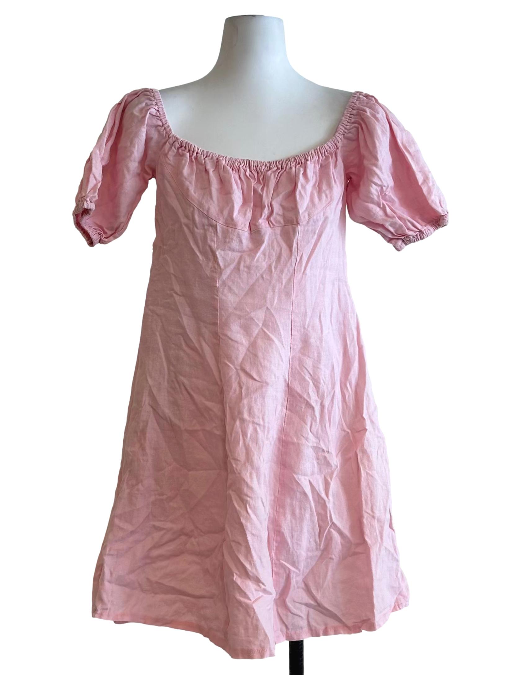 Watermelon Pink Puff Sleeve Linen Dress