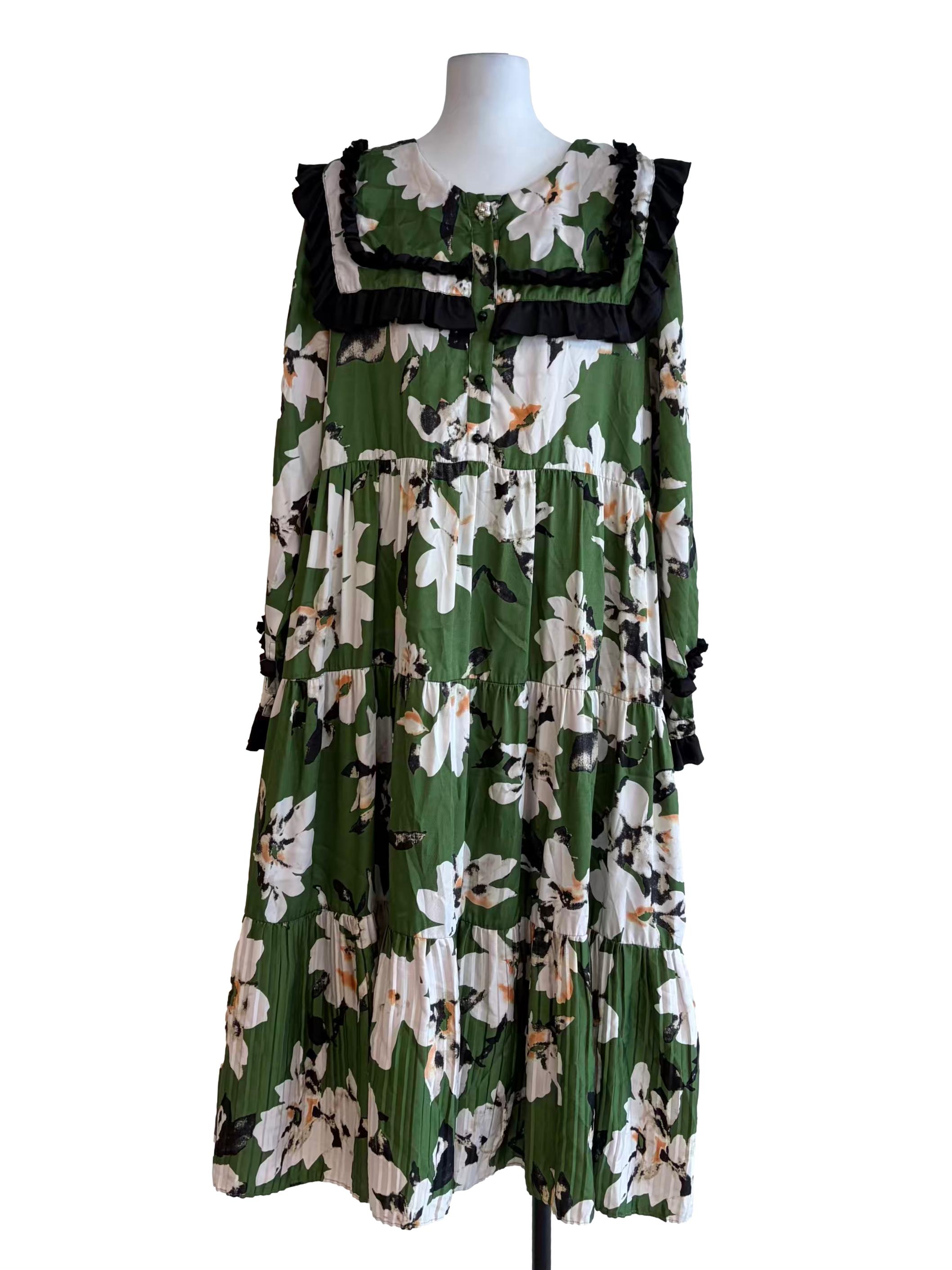 Basil Green Floral Print Ruffled Front Tiered Long Sleeve Dress