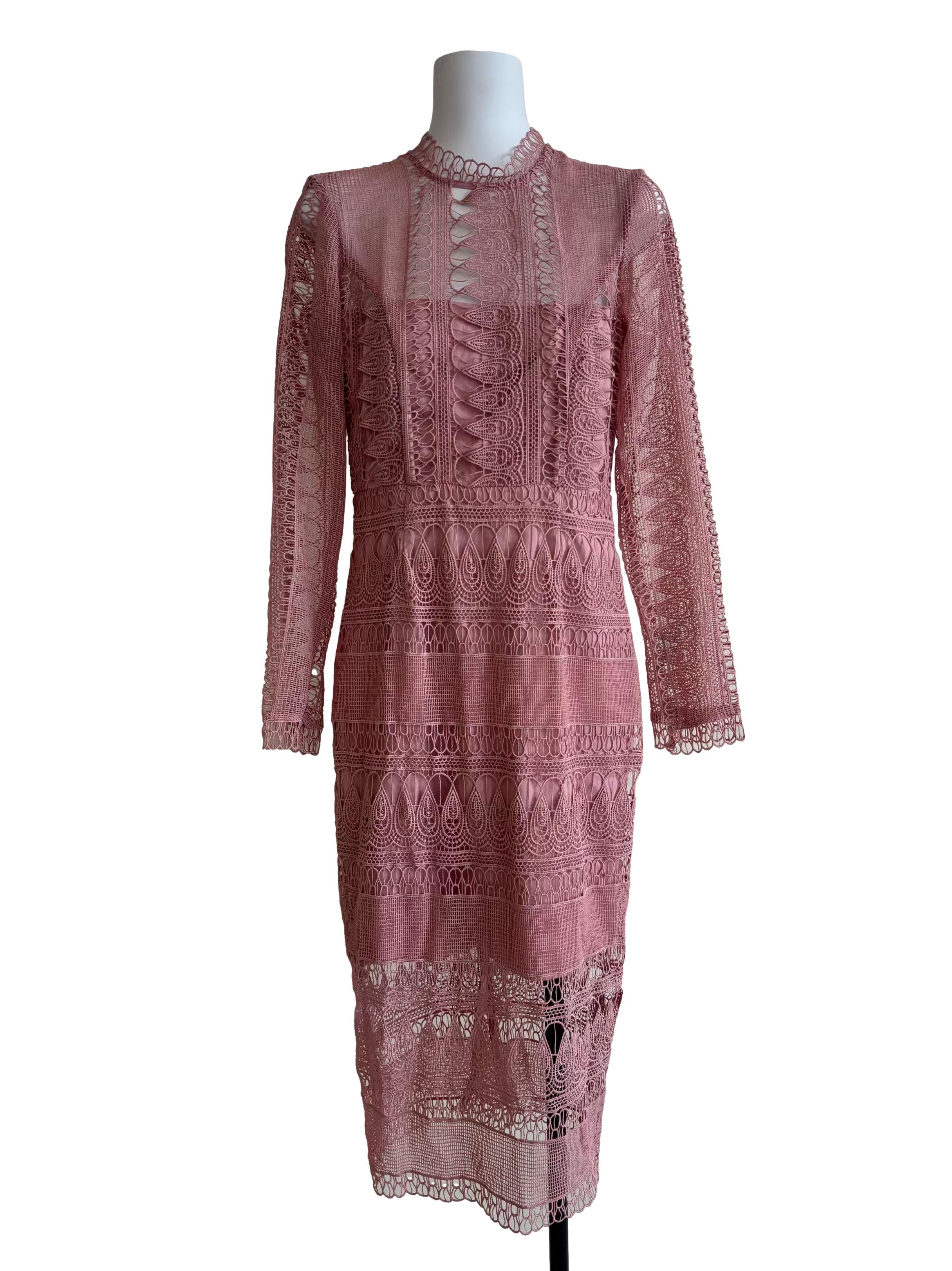 Flamingo Pink Lace Pencil Dress