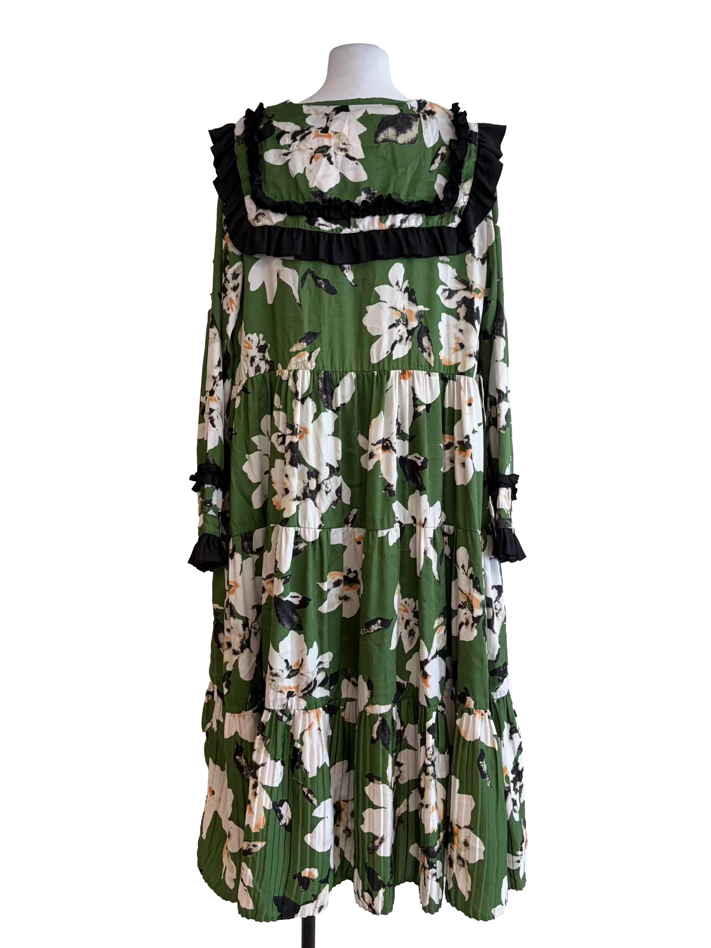 Basil Green Floral Print Ruffled Front Tiered Long Sleeve Dress