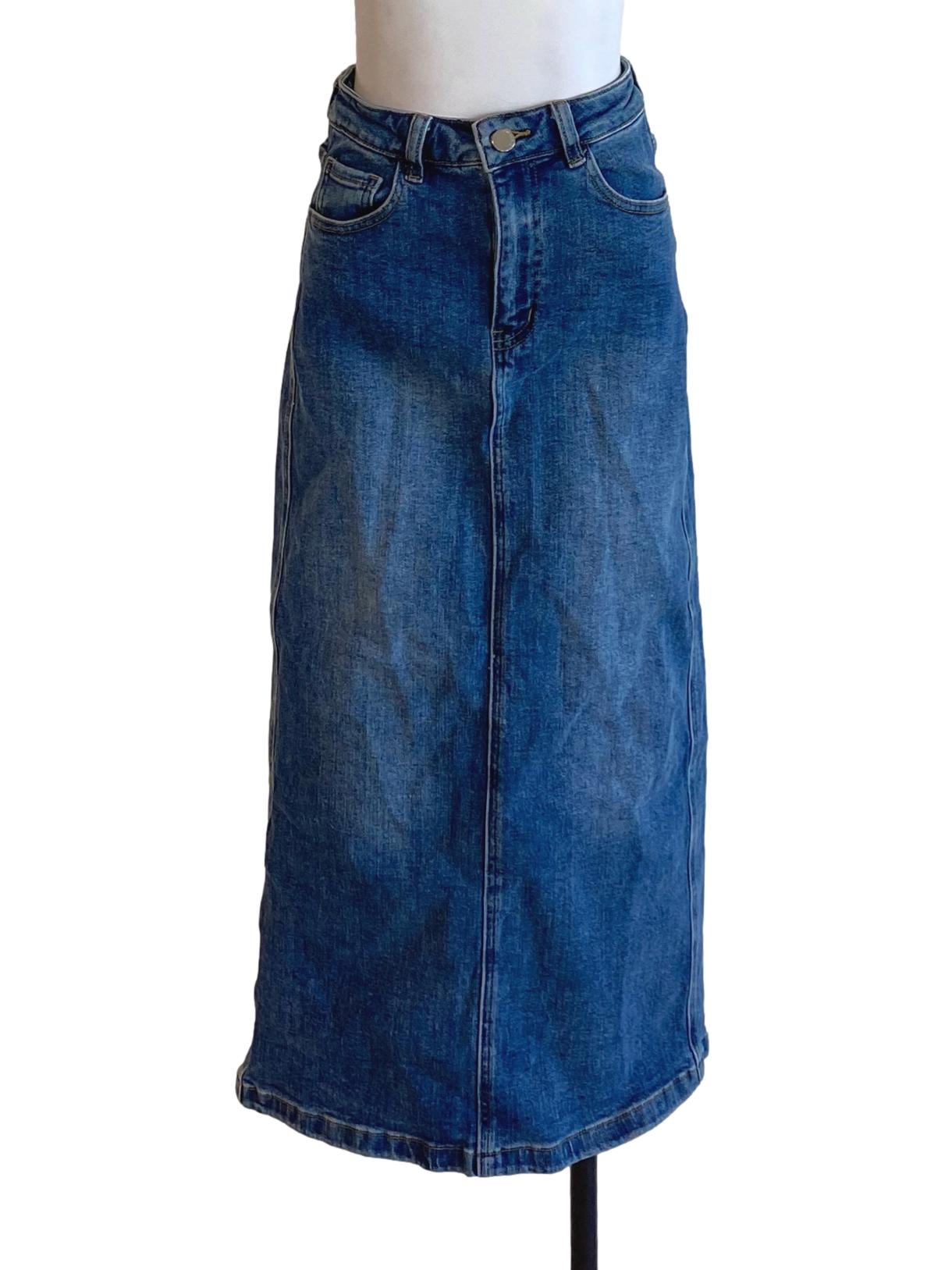 Denim Blue Buttoned Waist Slit Denim Skirt