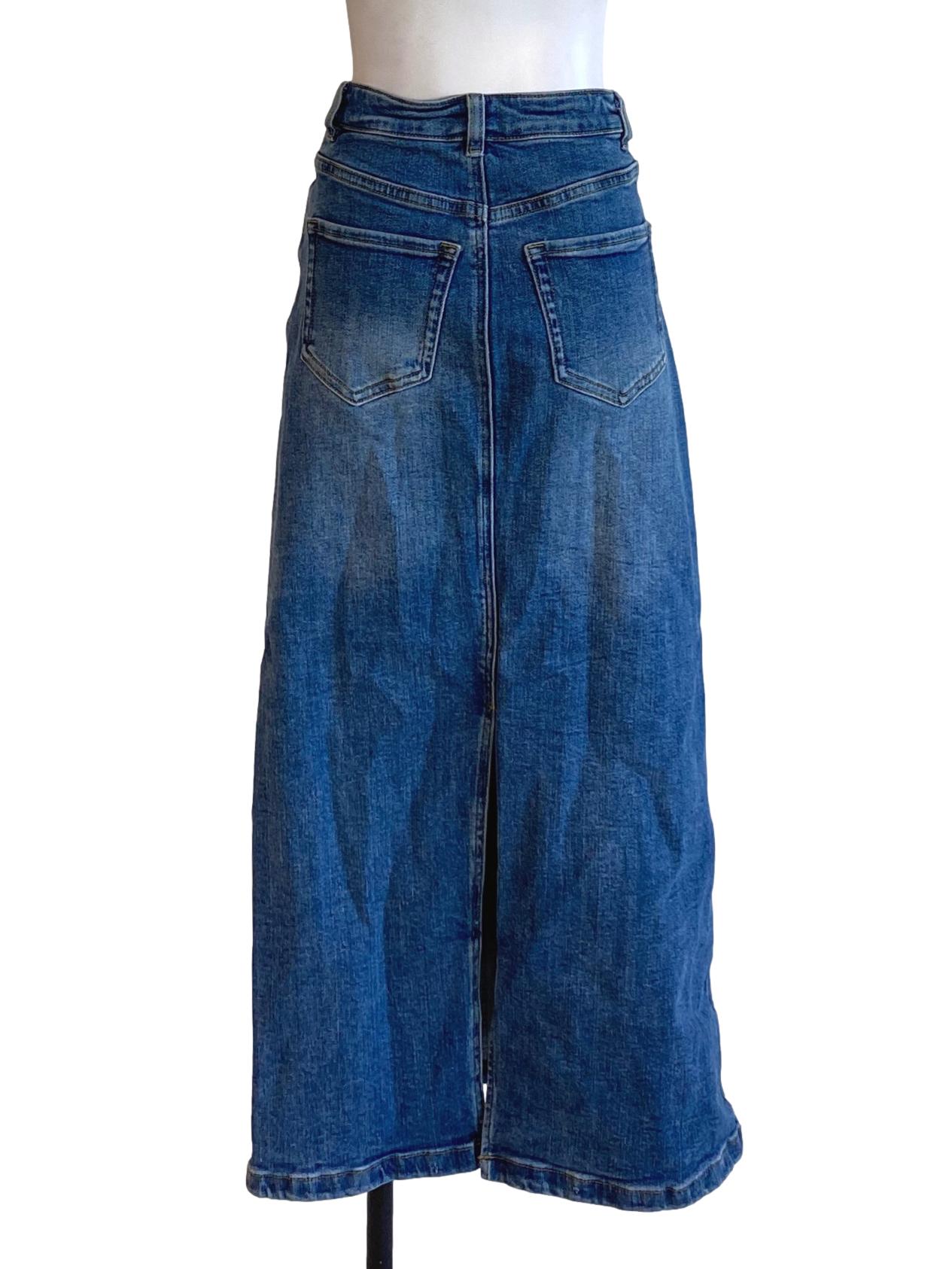Denim Blue Buttoned Waist Slit Denim Skirt