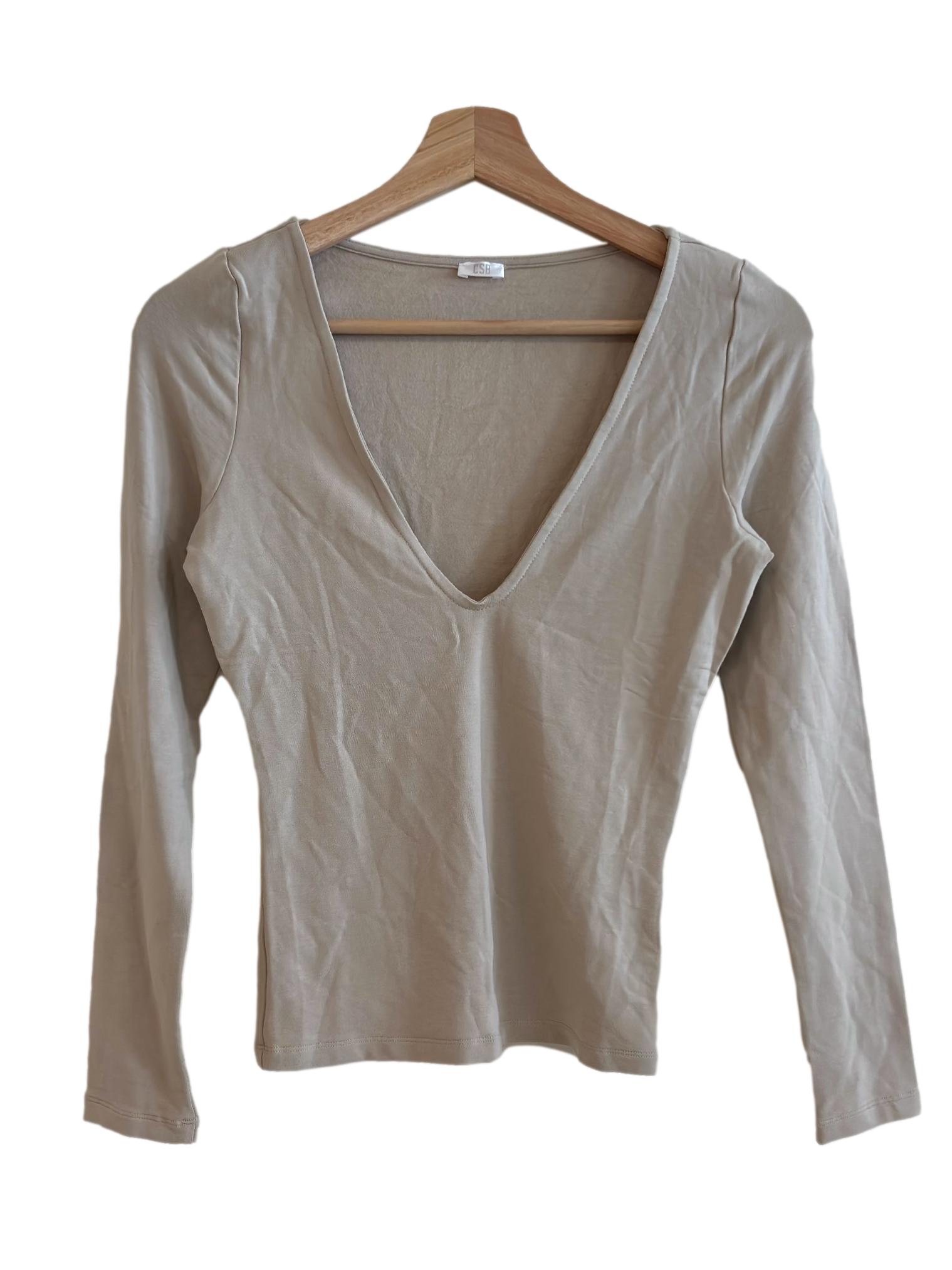 Fawn Beige V Neck Long Sleeve Top