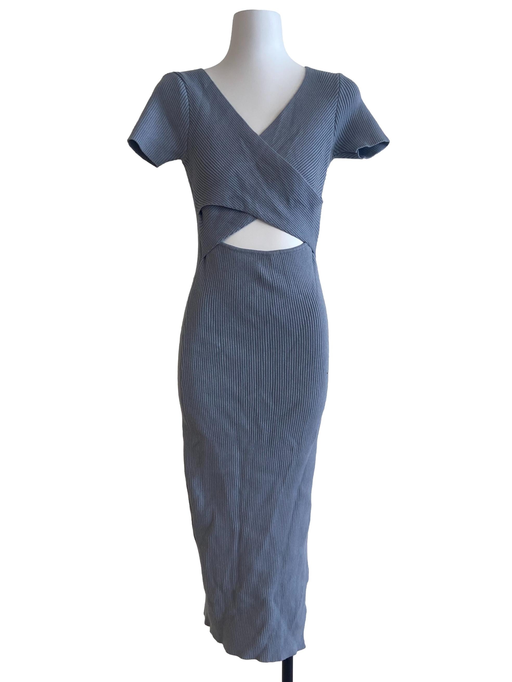 Stone Blue V Neck Pencil Stripe Dress