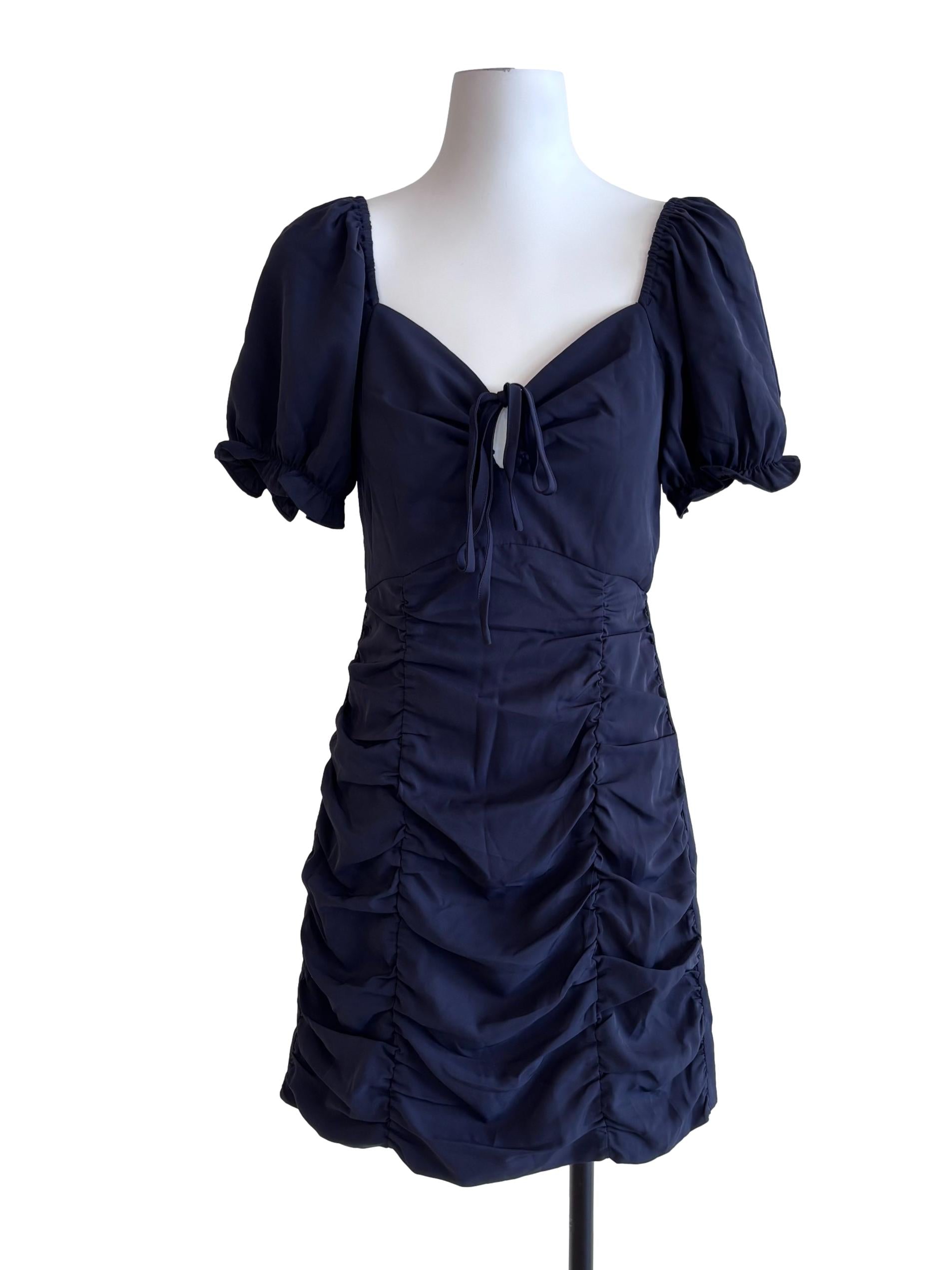 Navy Blue Shirred Sweetheart Neckline Dress