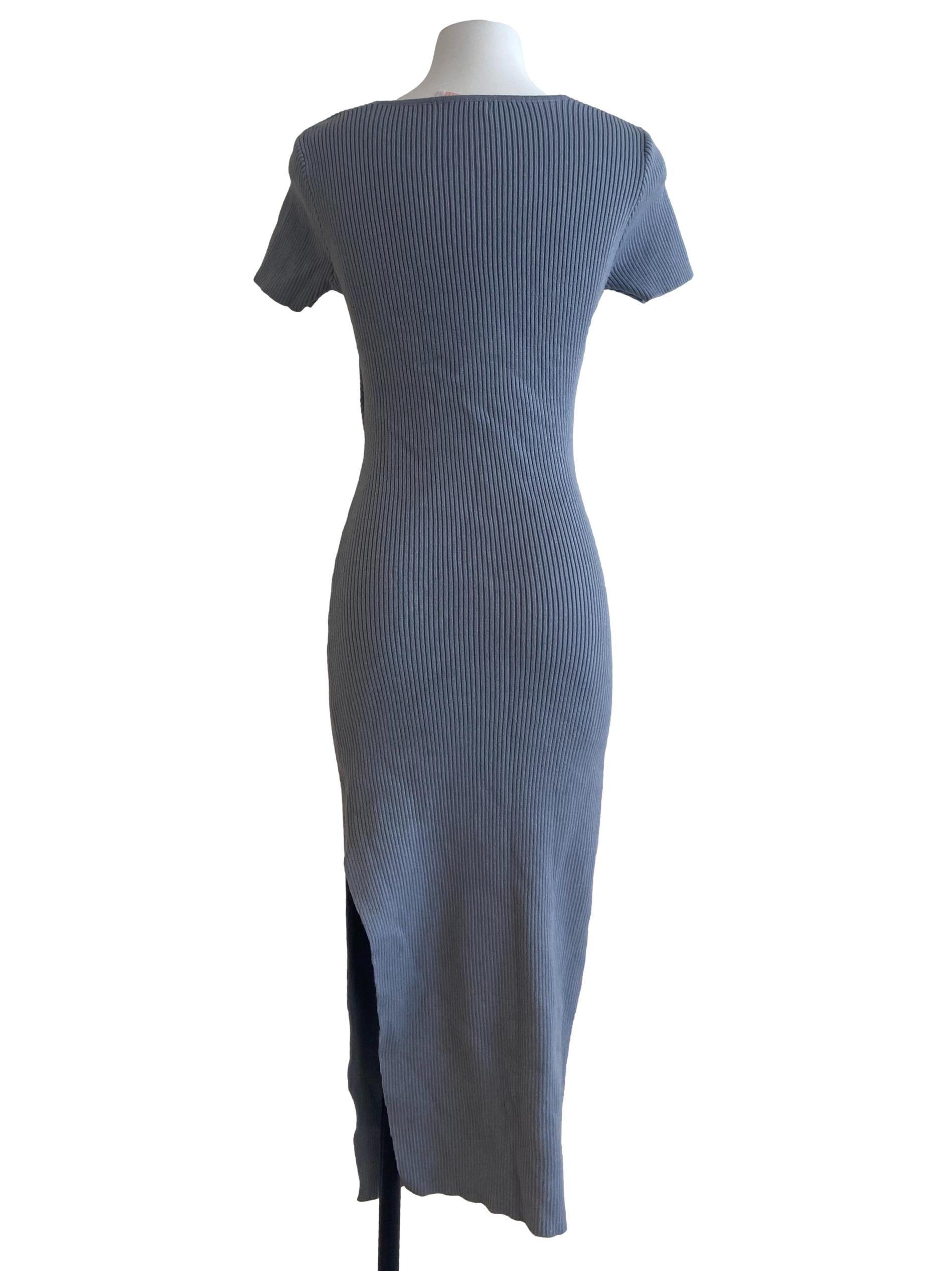 Stone Blue V Neck Pencil Stripe Dress