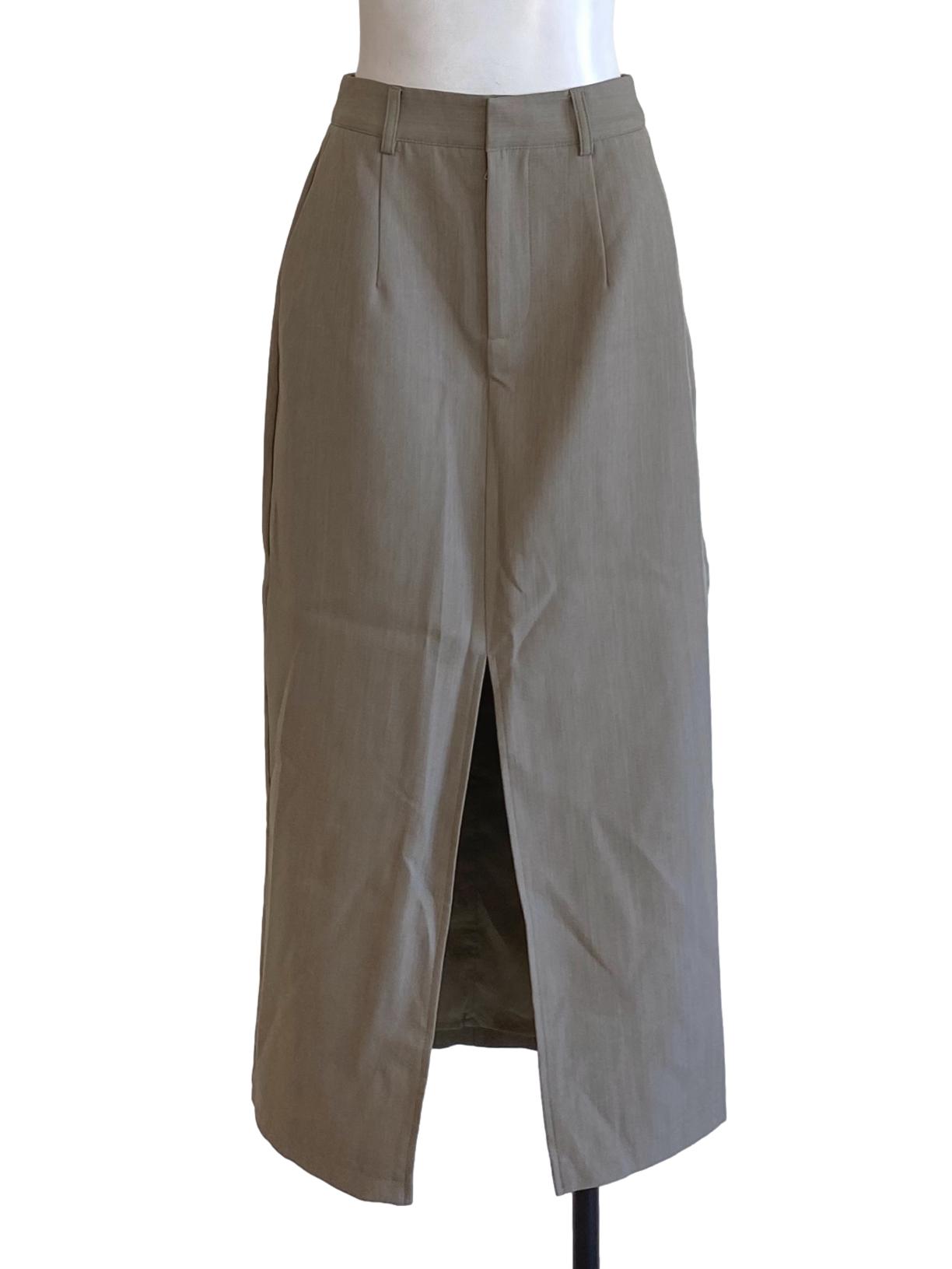 Dark Oat Brown Buttoned Waist Slit Tailored Skirt