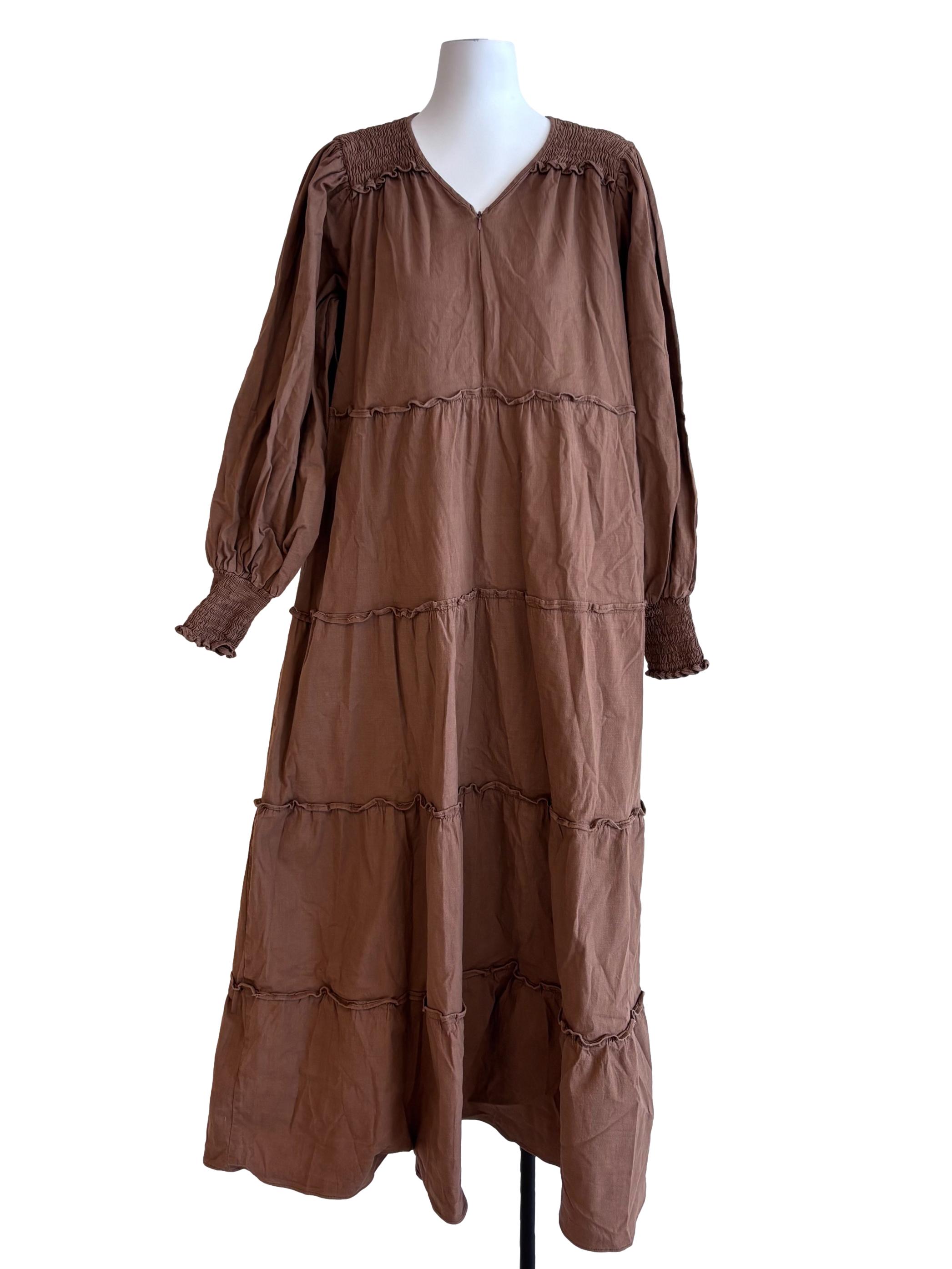 Brown Shirred Shoulder Maxi Dress