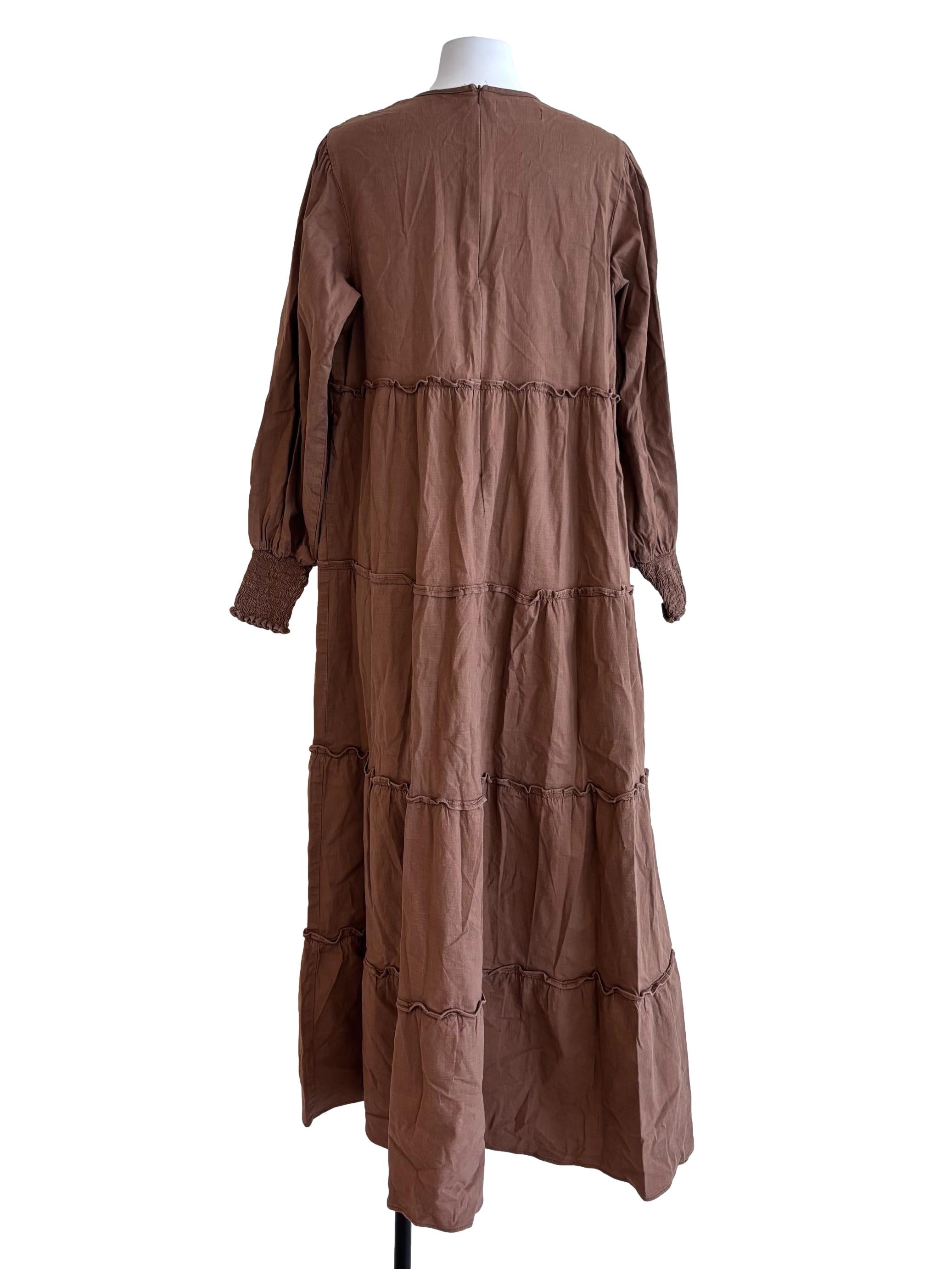 Brown Shirred Shoulder Maxi Dress