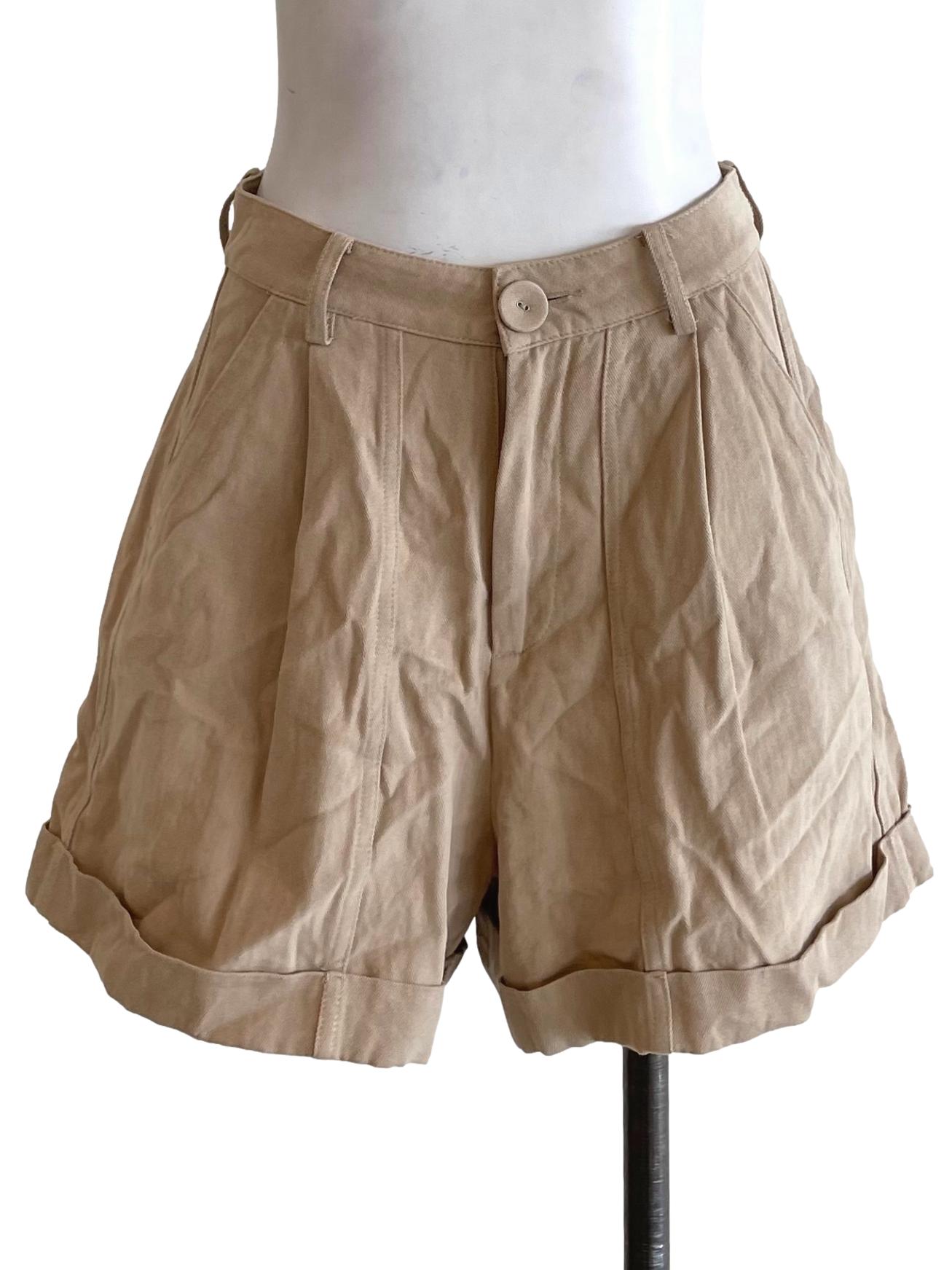 Khaki Cuffed Denim Shorts
