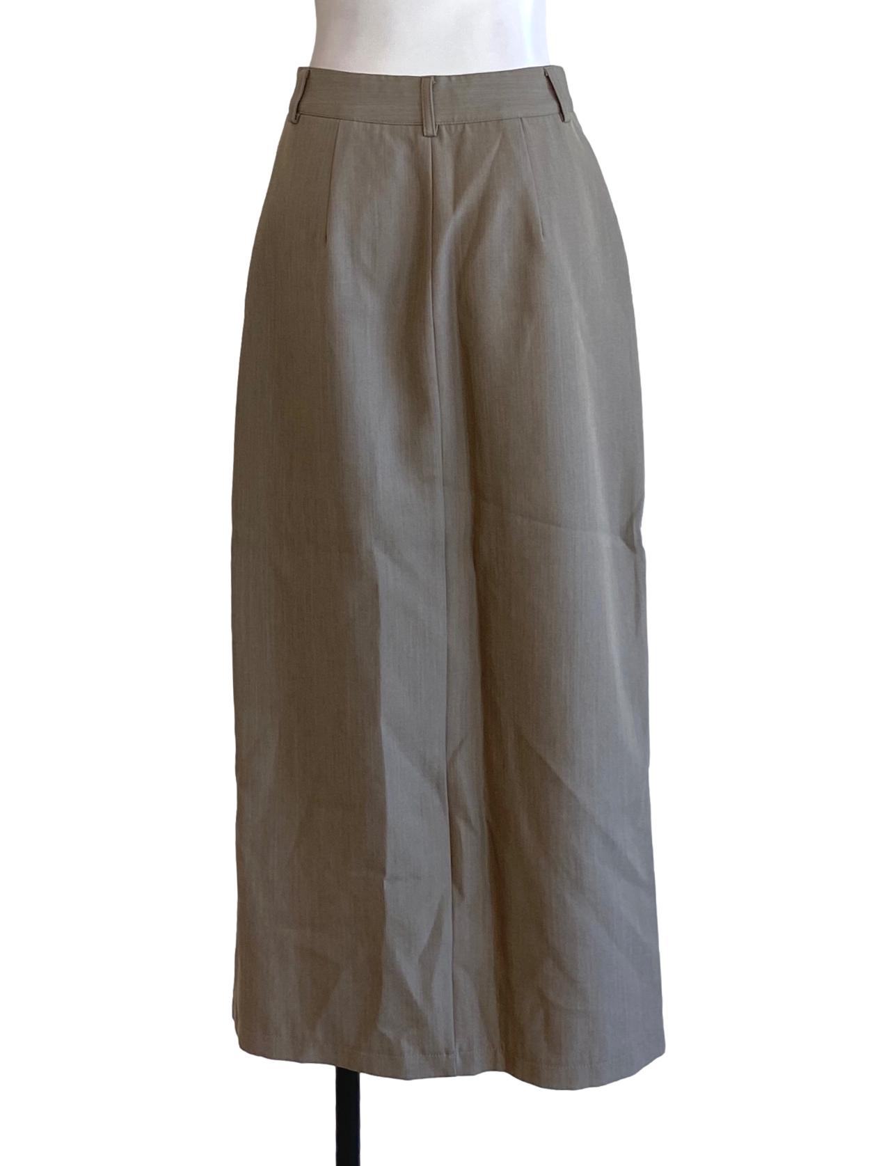 Dark Oat Brown Buttoned Waist Slit Tailored Skirt