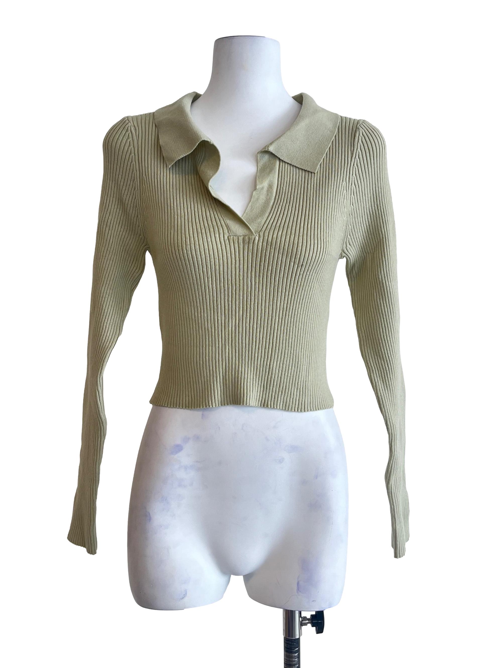 Olive Green Collar Neck Long Sleeve Top
