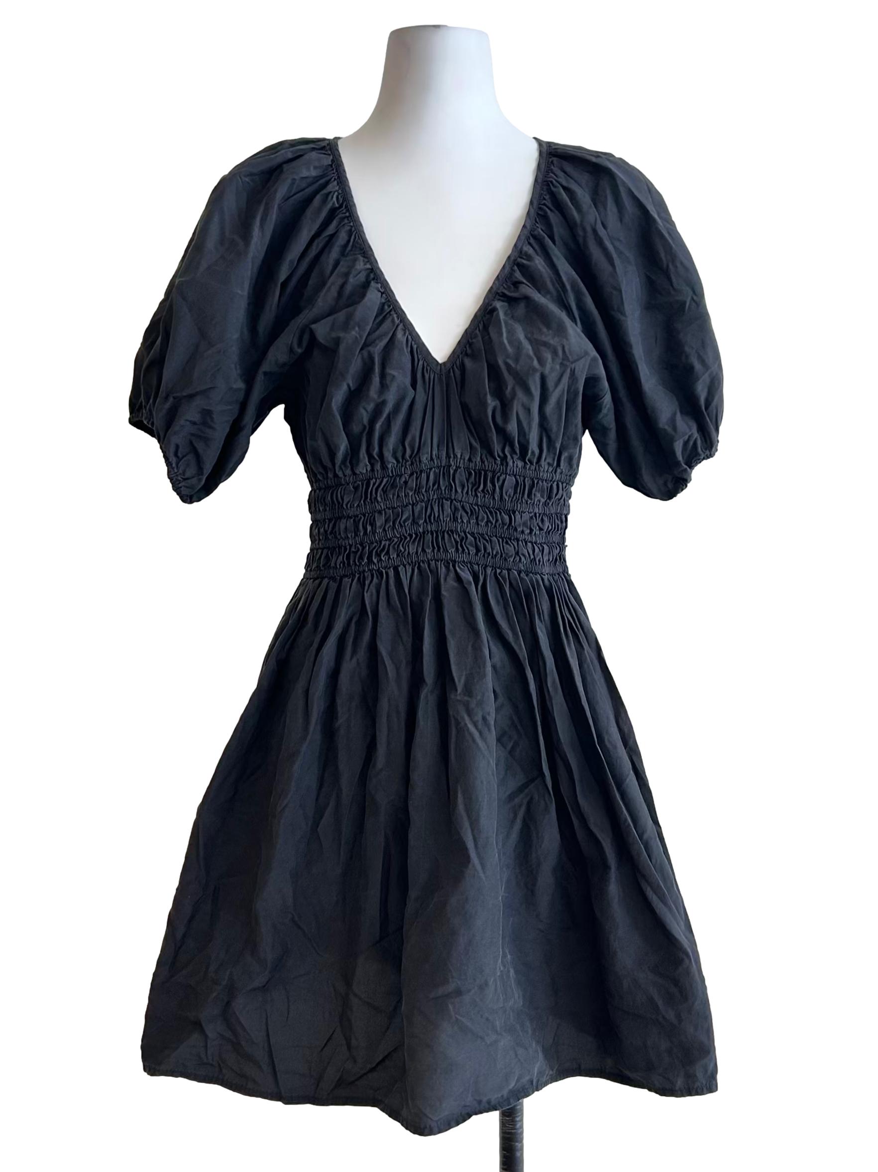 Black Shirred Plunge Mini Dress