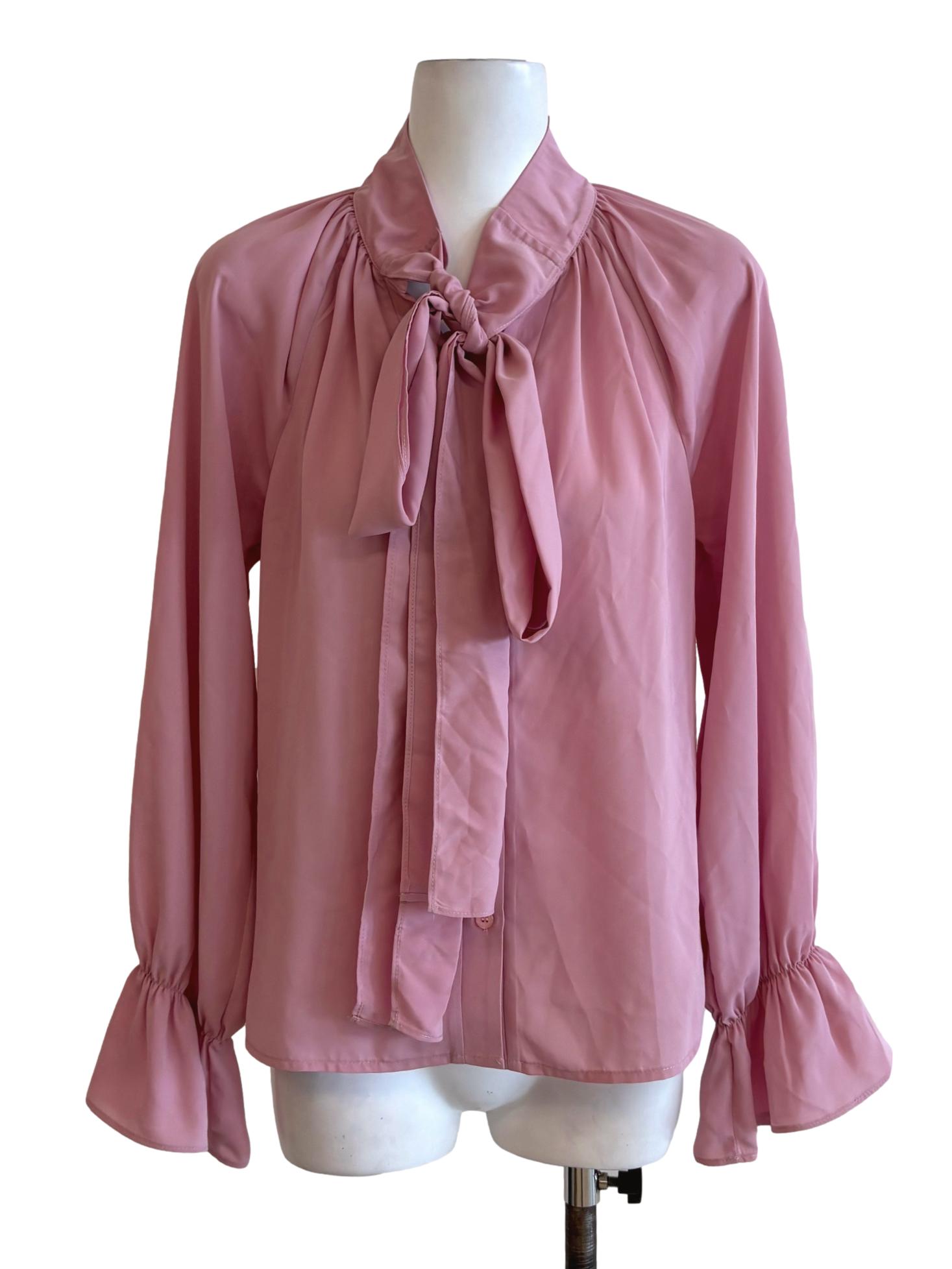 Taffy Pink Buttoned Up Ribbon Blouse
