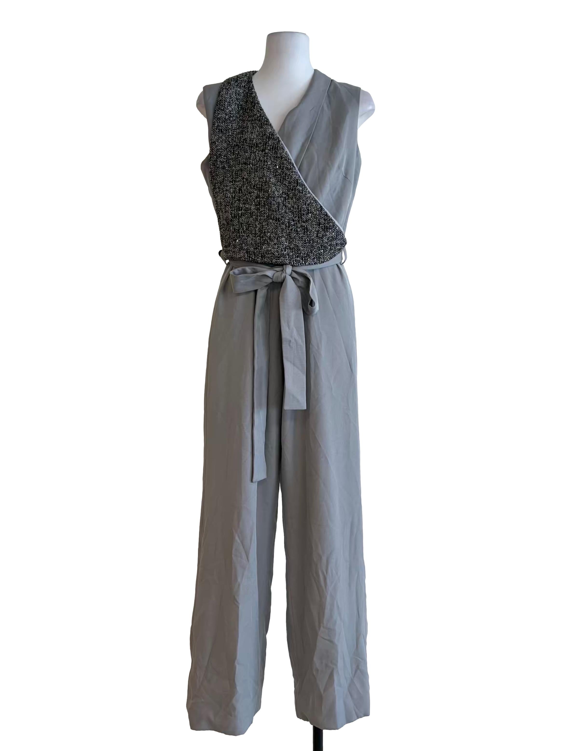 Stone Blue Tweed Front Empire Jumpsuit