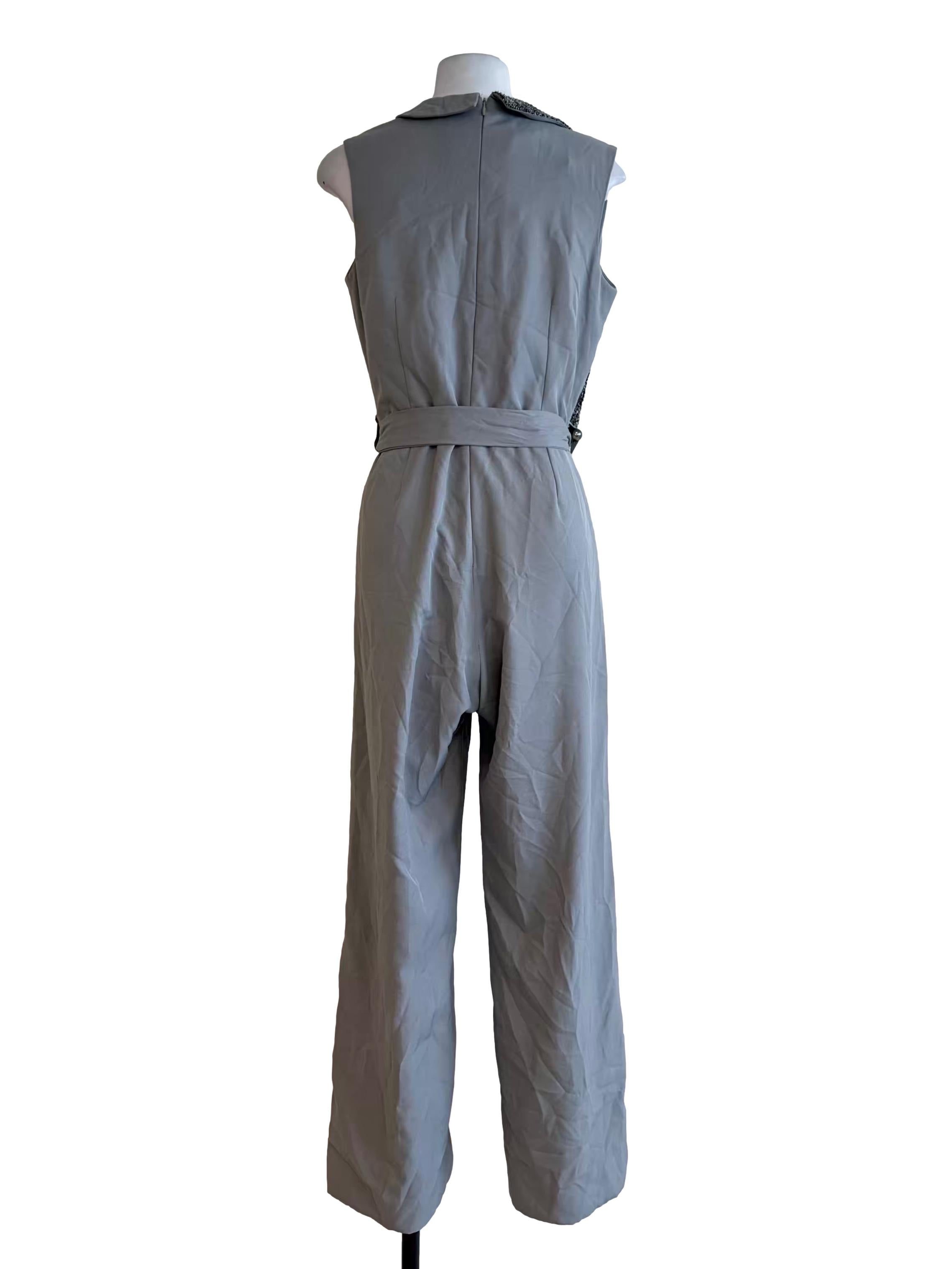 Stone Blue Tweed Front Empire Jumpsuit