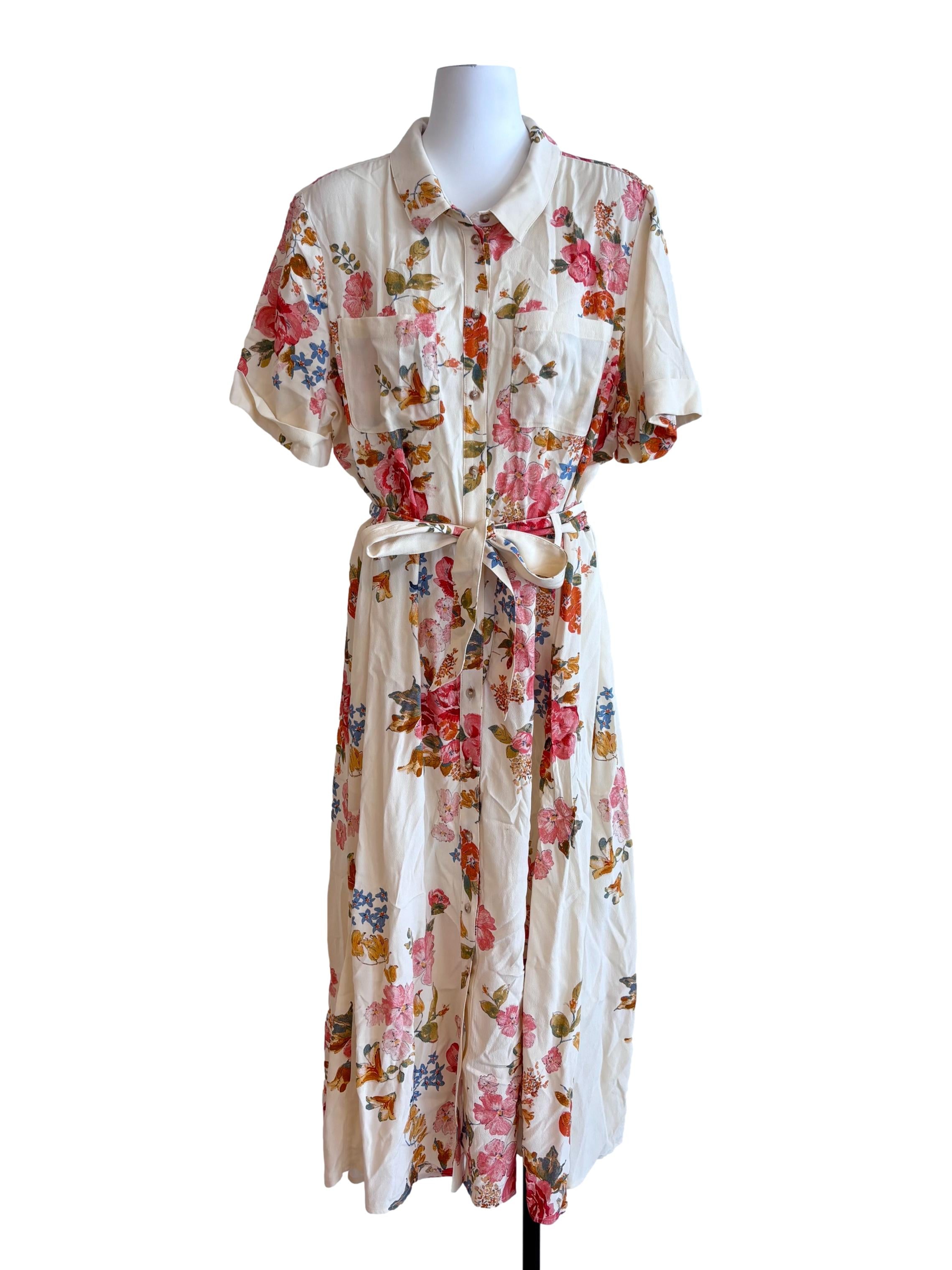 Cream And Pink Floral Collared Dress