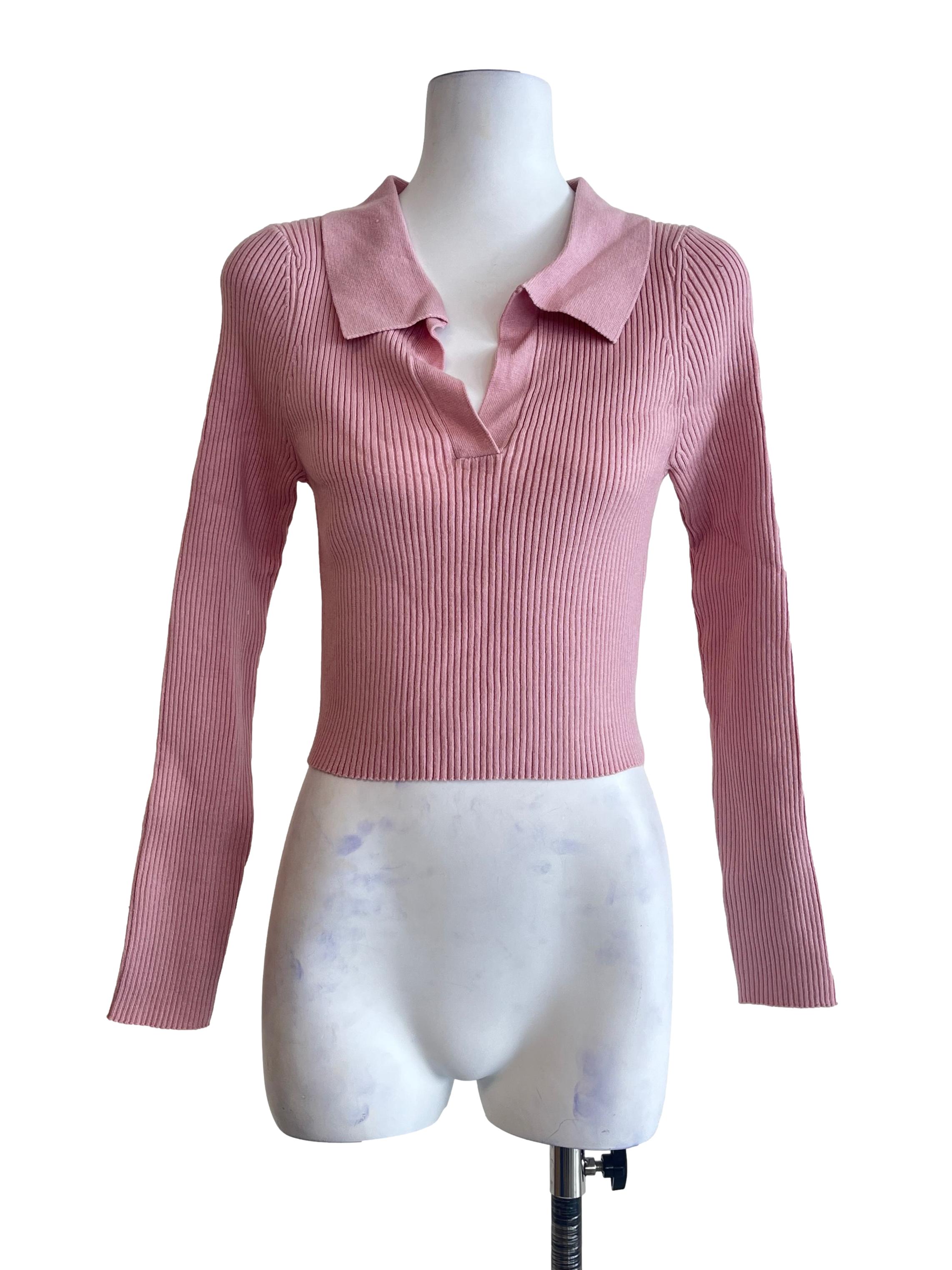 Punch Pink Collar Neck Long Sleeve Top