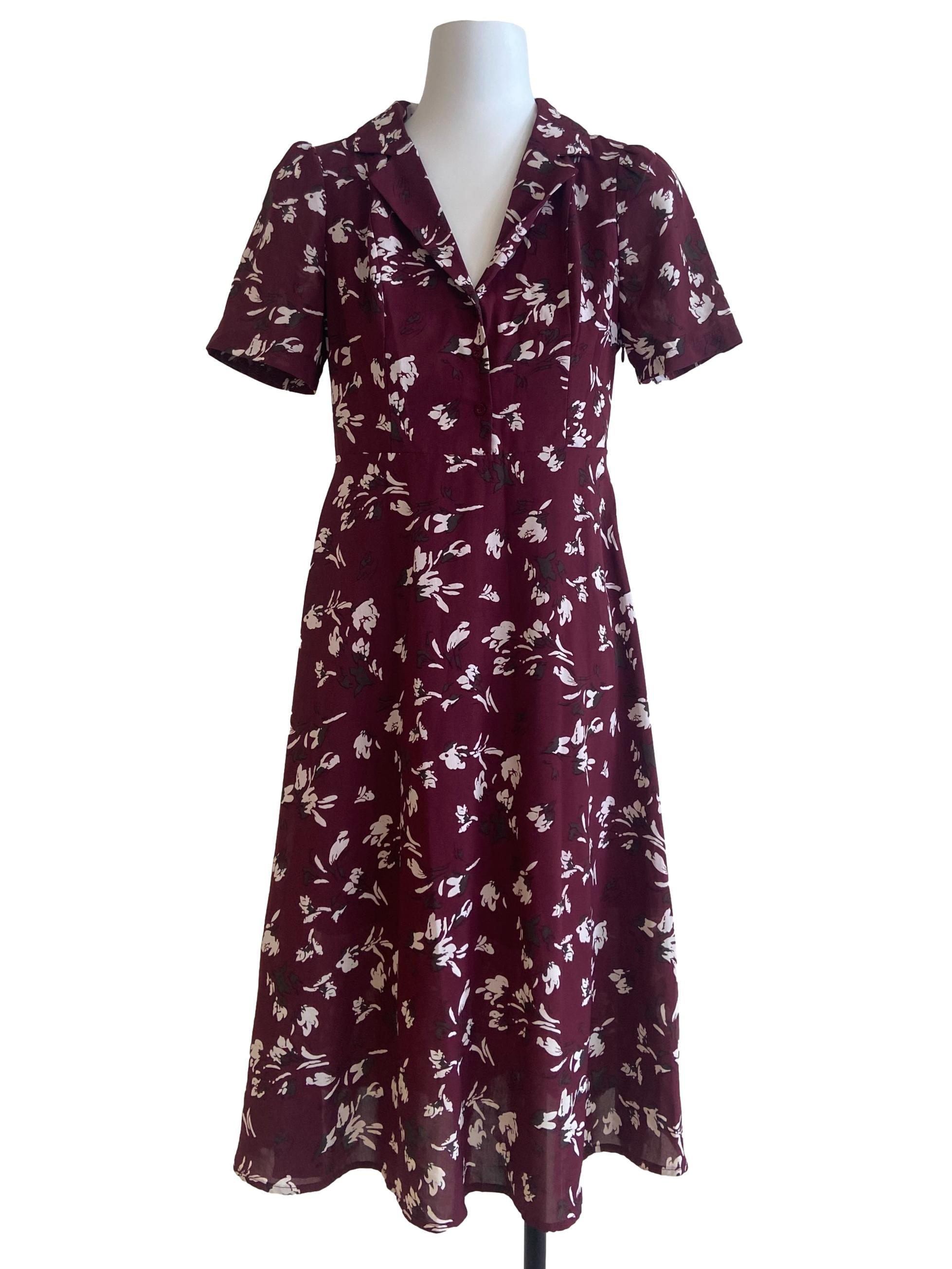 Currant Red Half Button A-Line Floral Dress